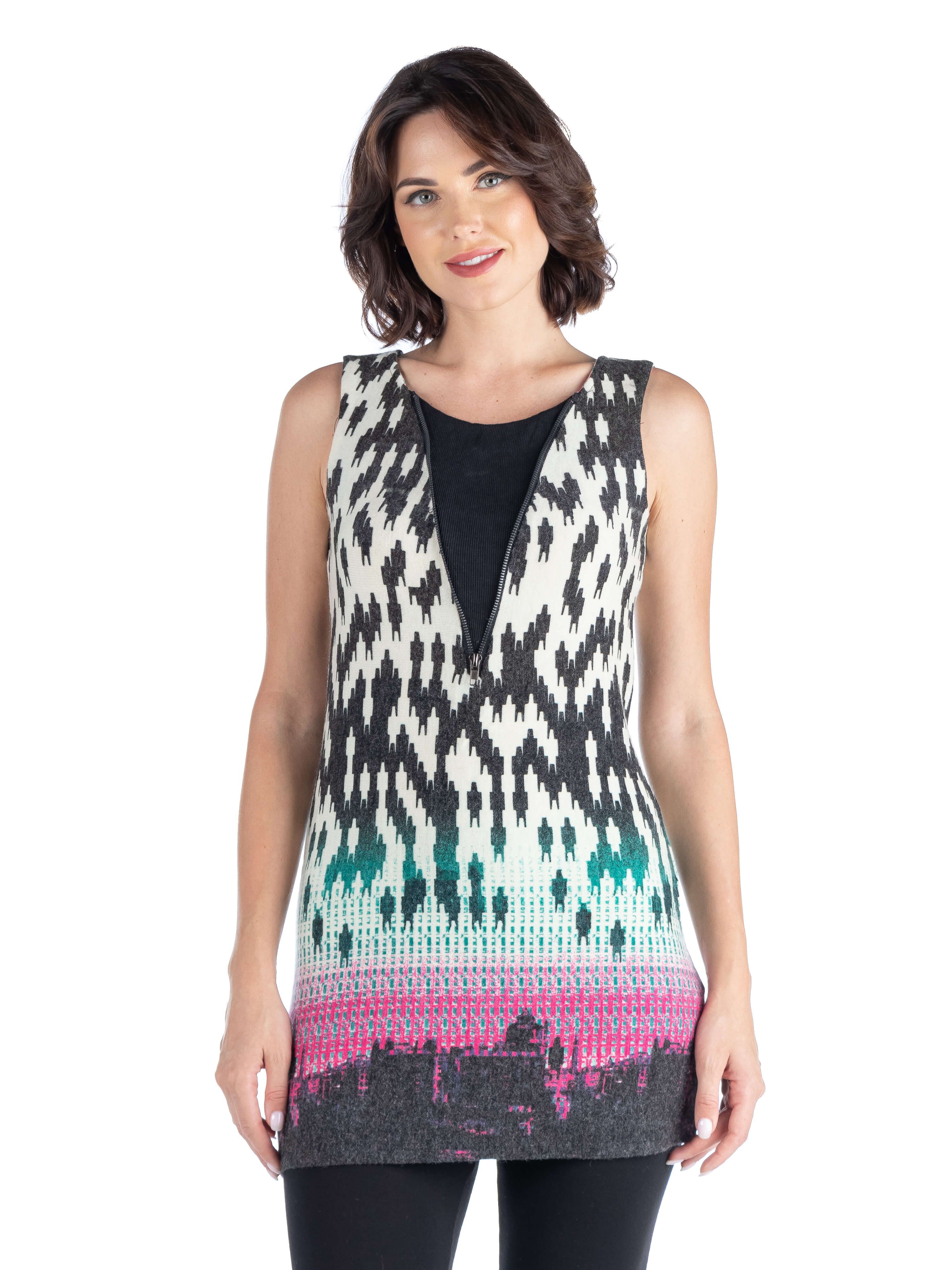 24seven Comfort Apparel Pink Houndstooth Print Sleeveless Extra Long Tunic Top sold by 24/7 Comfort Apparel