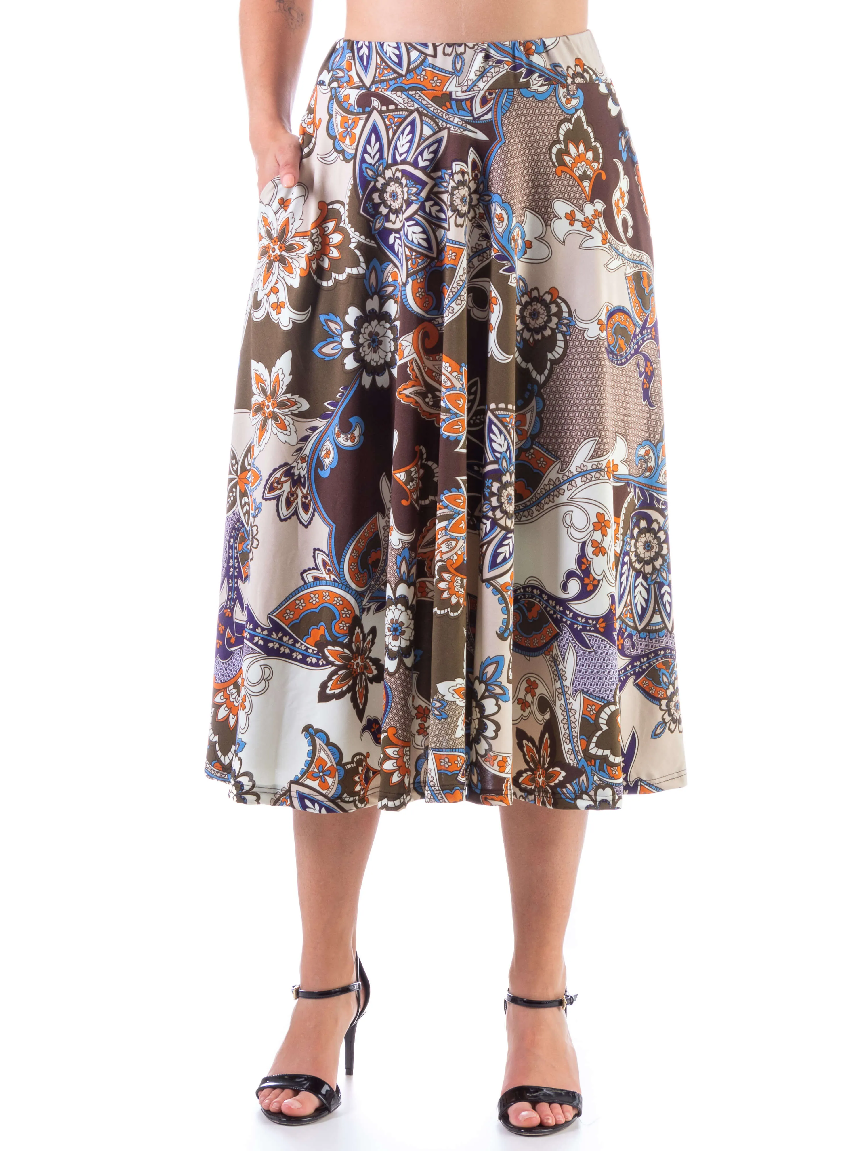 Tan Paisley Pleated Pocket Midi Skirt sold by 24/7 Comfort Apparel product image thumbnail 2