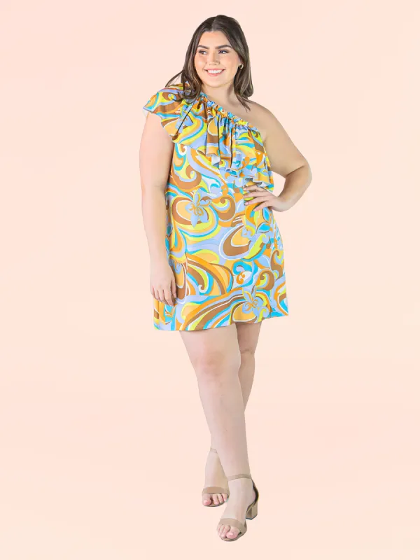 Plus Size Yellow Floral Print One ShoulderRuffle Mini Dress sold by 24/7 Comfort Apparel