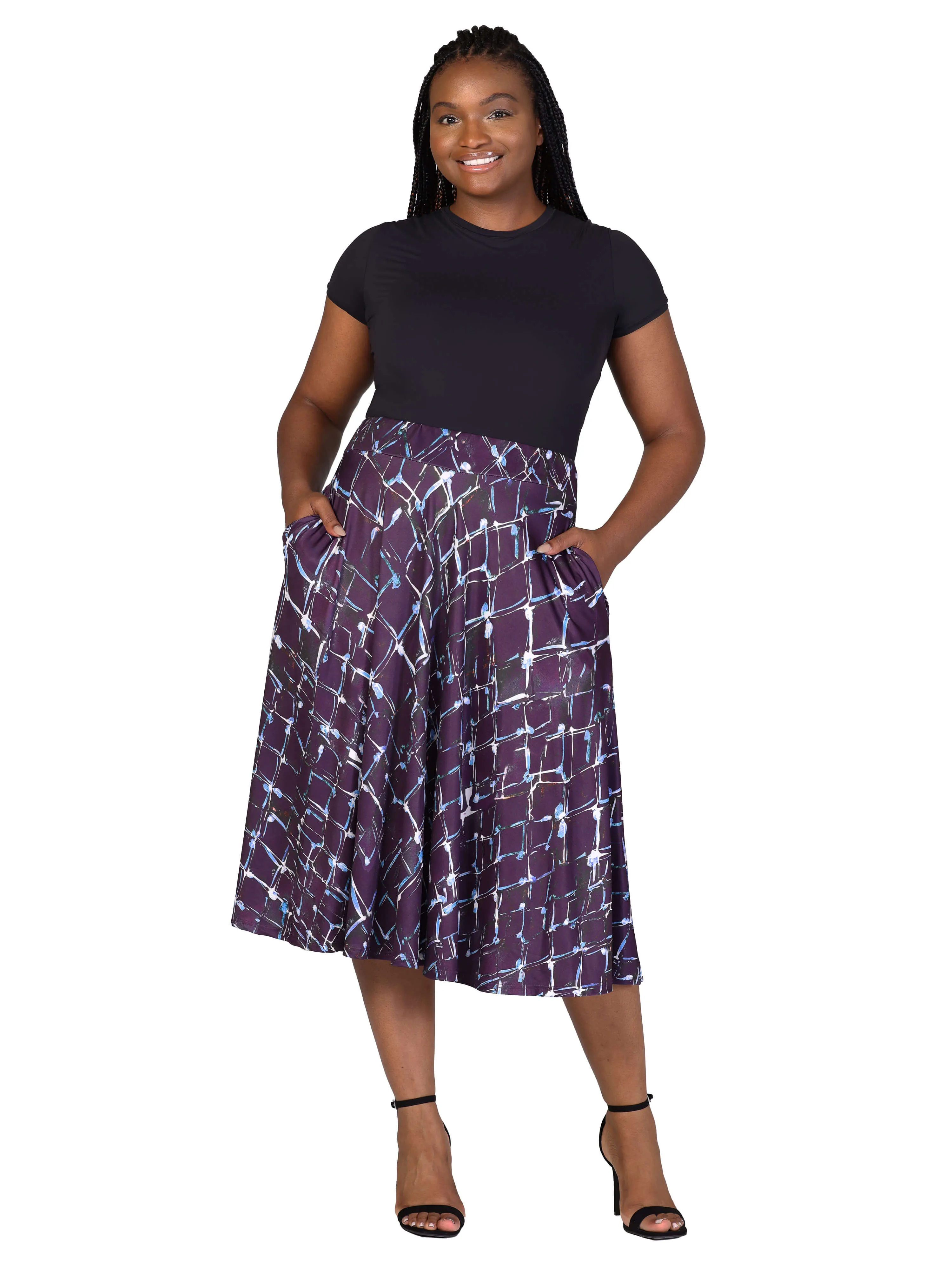 Plus Size Purple Print Elastic Waist Pocket Midi Skirt sold by 24/7 Comfort Apparel product image thumbnail 5