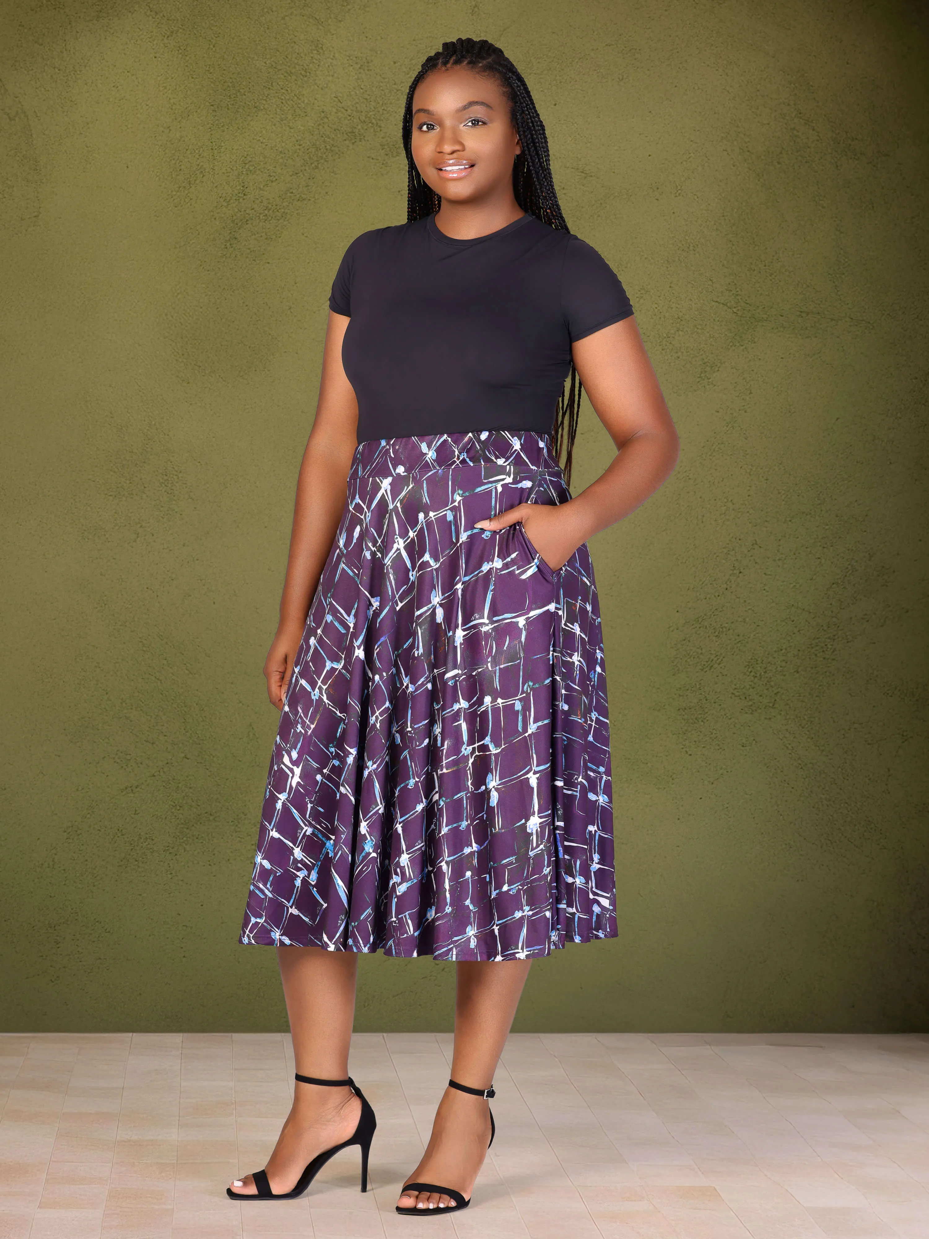 Plus Size Purple Print Elastic Waist Pocket Midi Skirt sold by 24/7 Comfort Apparel product image thumbnail 2