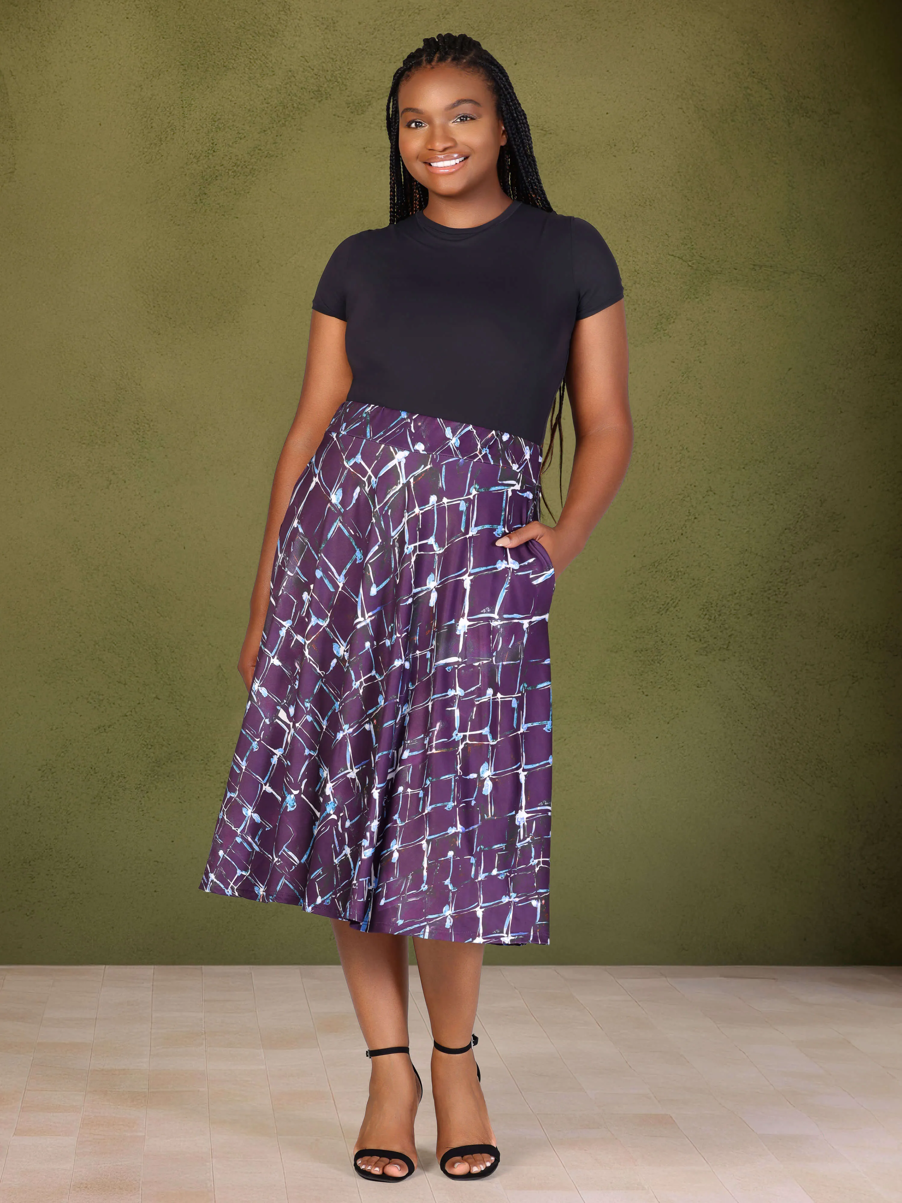 Plus Size Purple Print Elastic Waist Pocket Midi Skirt sold by 24/7 Comfort Apparel
