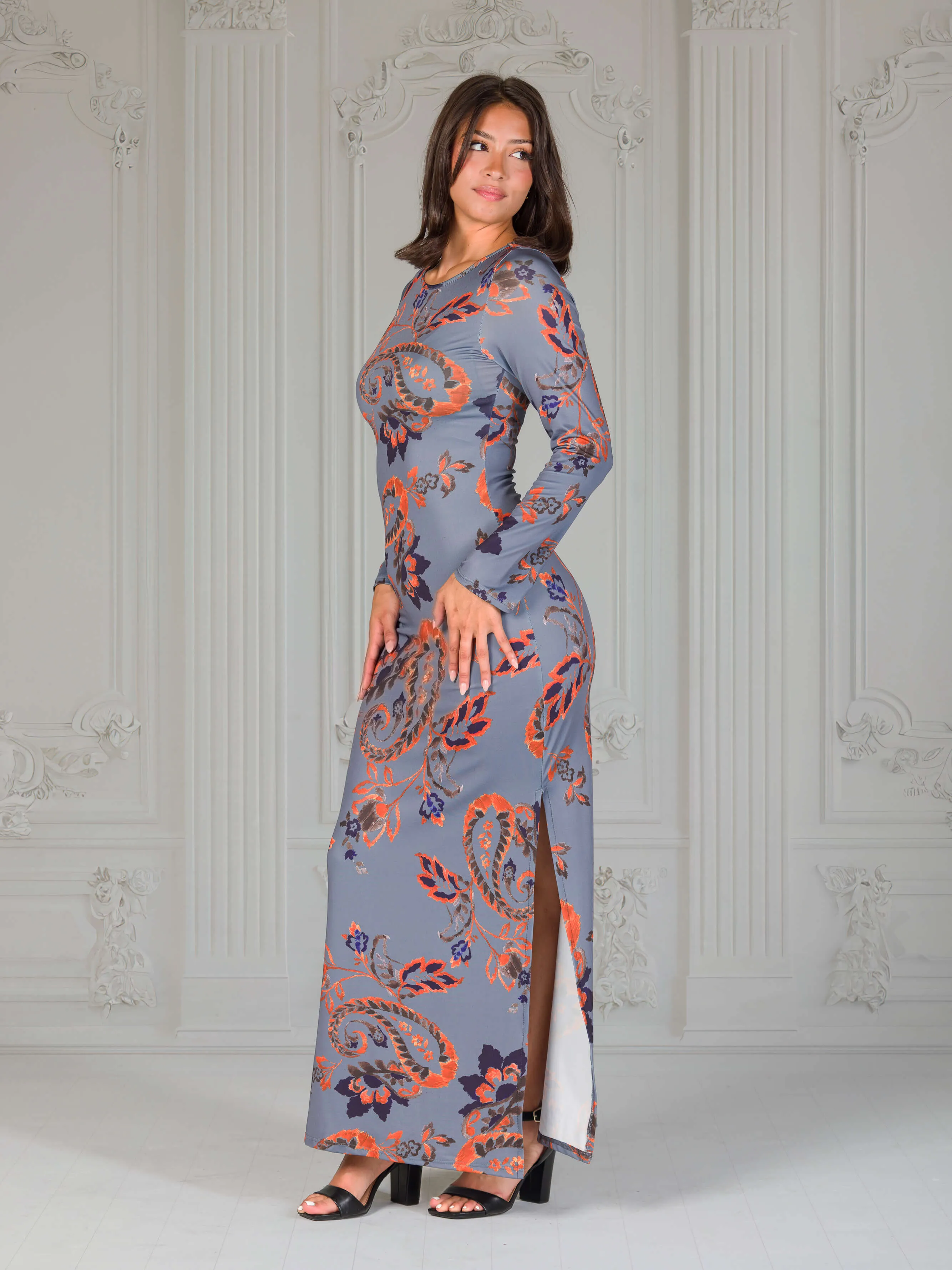 Grey Long Sleeve Side Slit Fitted Maxi Dress sold by 24/7 Comfort Apparel product image thumbnail 2