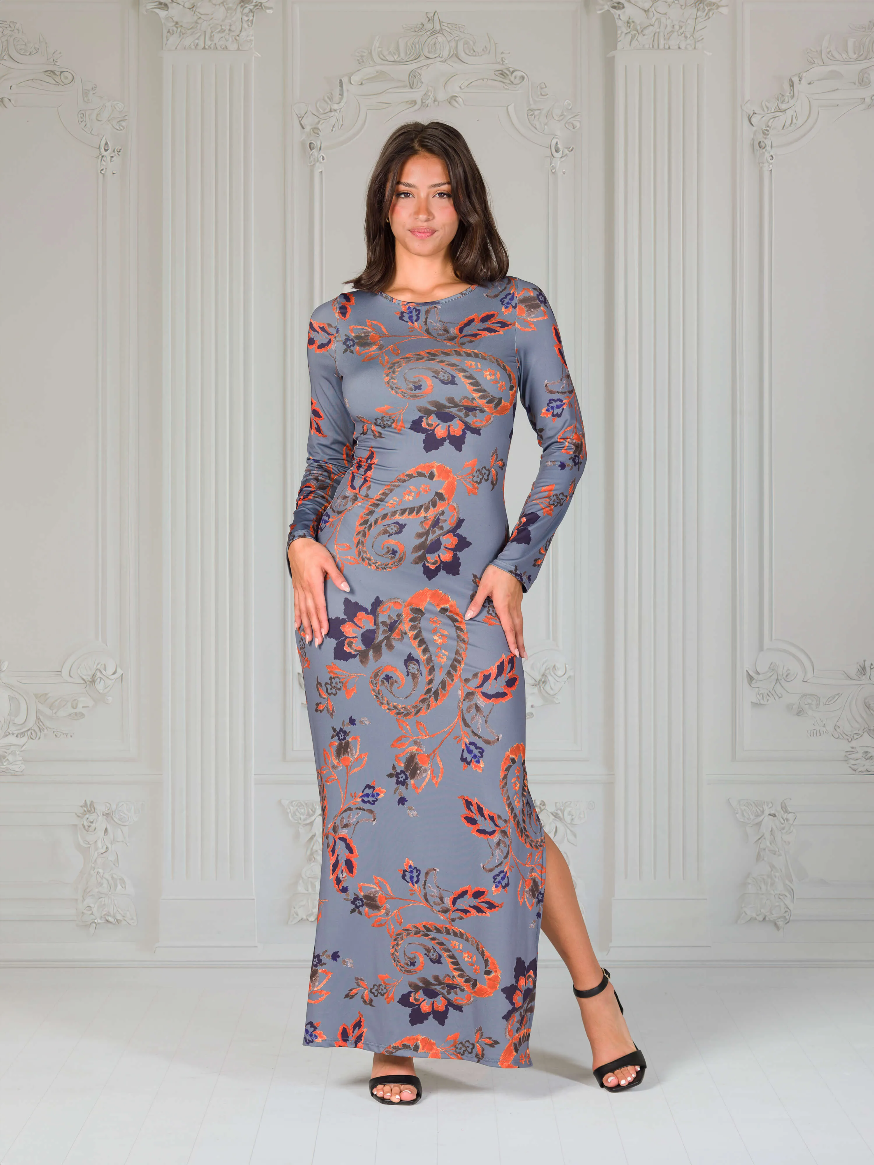 Grey Long Sleeve Side Slit Fitted Maxi Dress sold by 24/7 Comfort Apparel