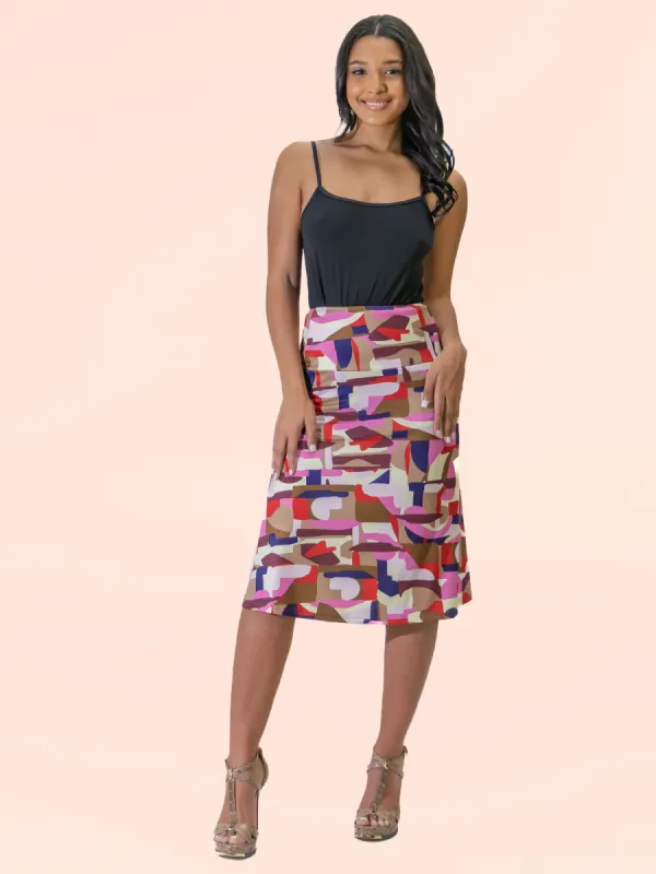 Multicolor Abstract Print Elastic Waist Below Knee Length Skirt sold by 24/7 Comfort Apparel