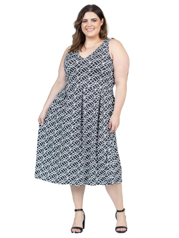 Plus Size Midi Length Black Geo Print Sleeveless Pleated Pocket Dress sold by 24/7 Comfort Apparel