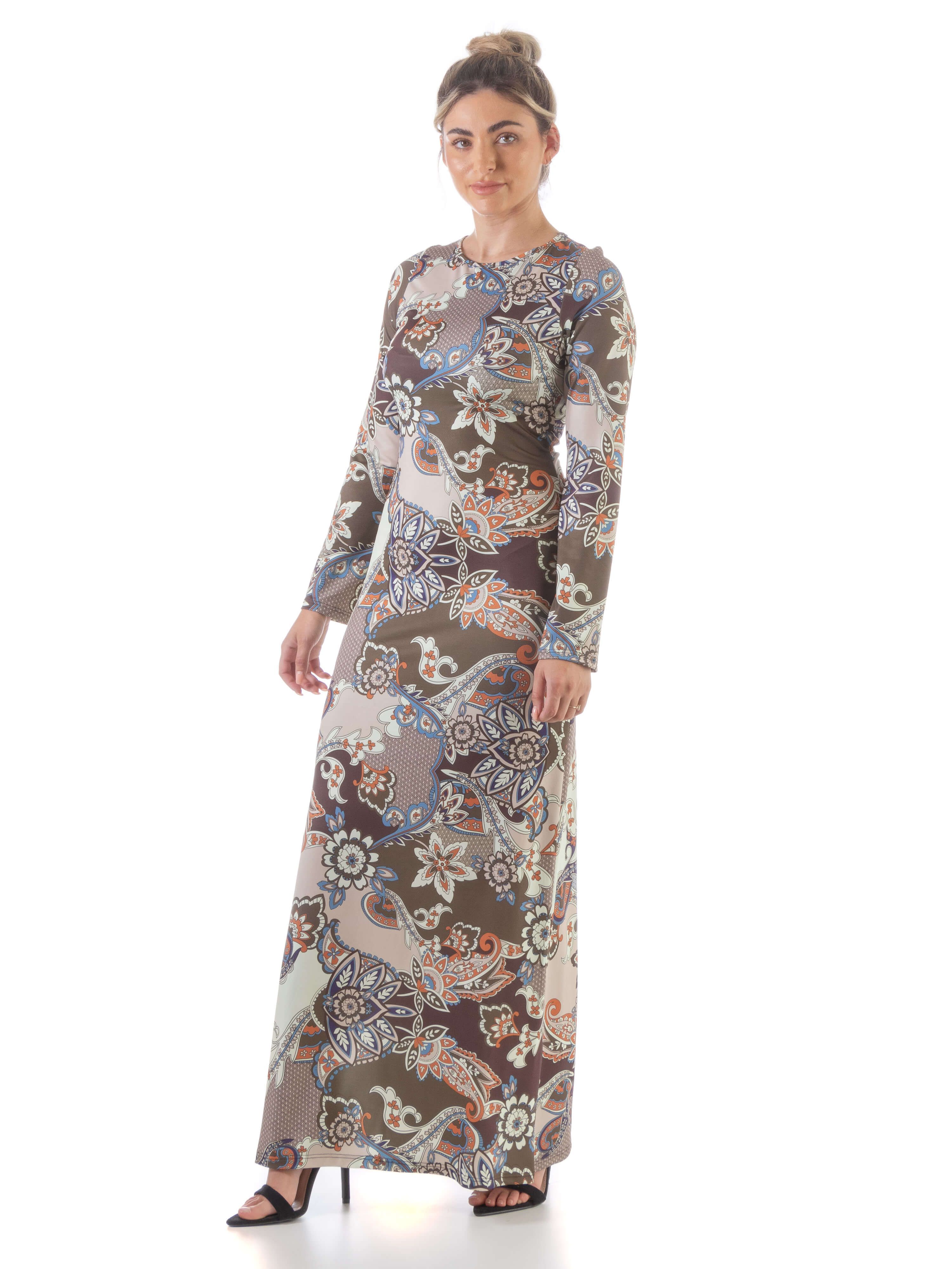 Tan Floral Long Sleeve Side Slit Maxi Dress sold by 24/7 Comfort Apparel product image thumbnail 2