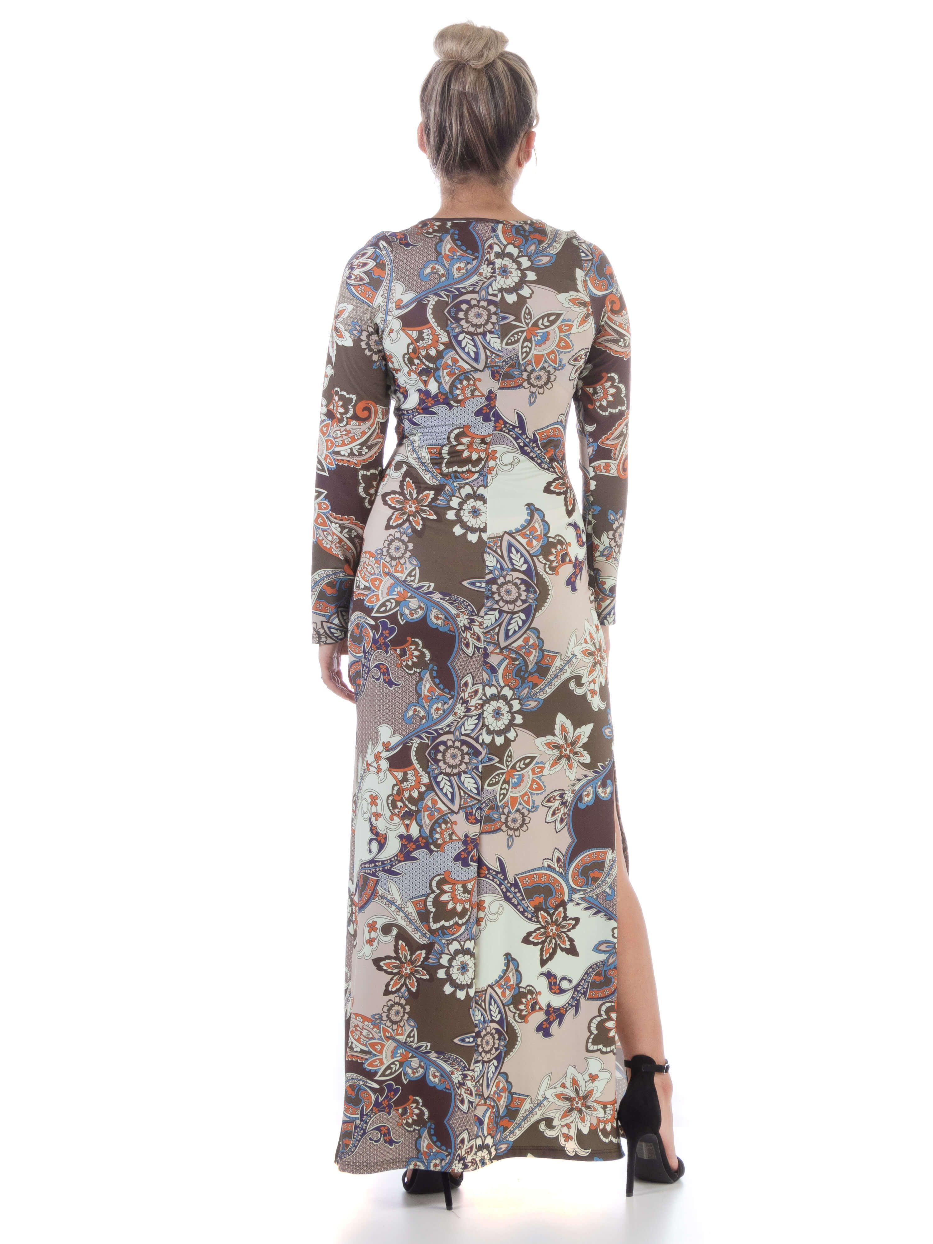Tan Floral Long Sleeve Side Slit Maxi Dress sold by 24/7 Comfort Apparel product image thumbnail 3