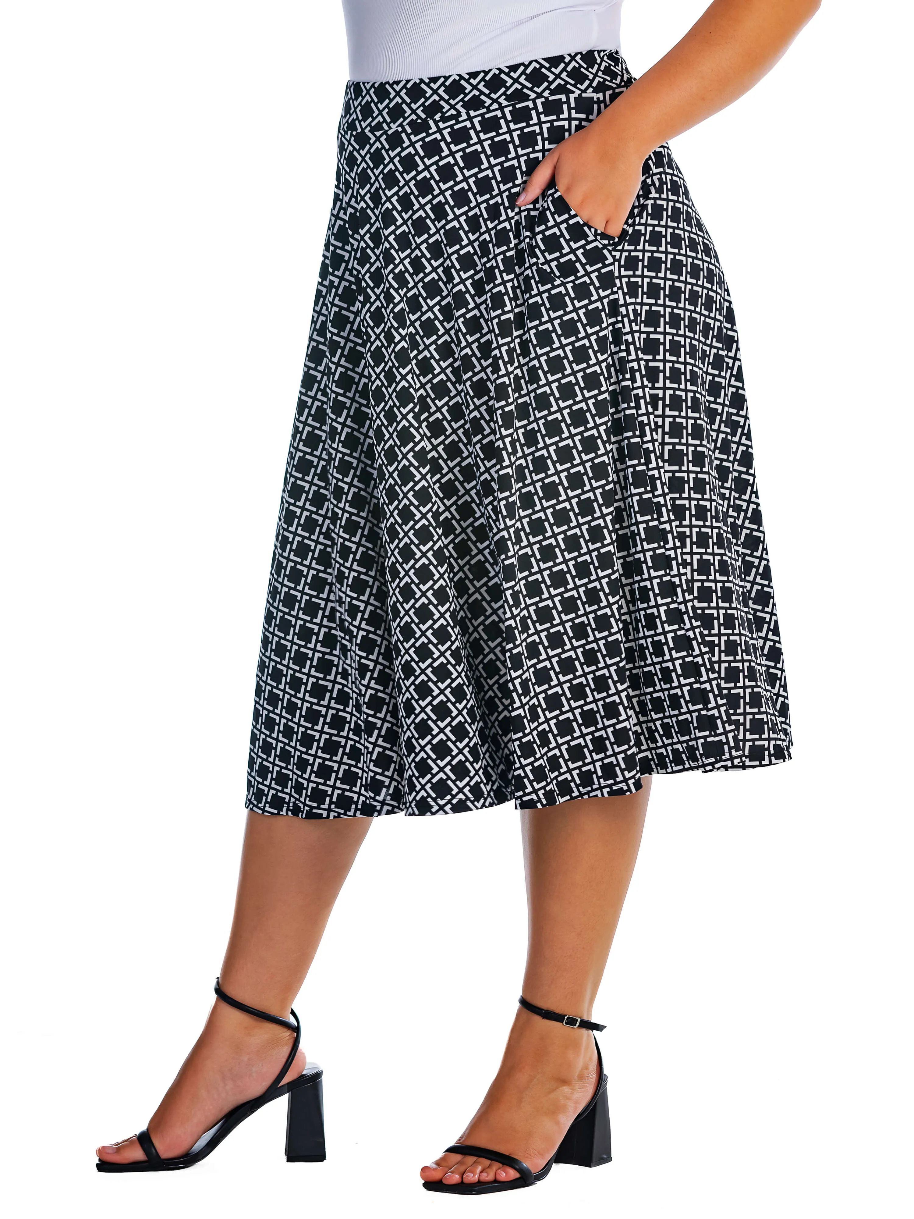 Black Diamond Print A Line Plus Size Midi Skirt with Pockets sold by 24/7 Comfort Apparel