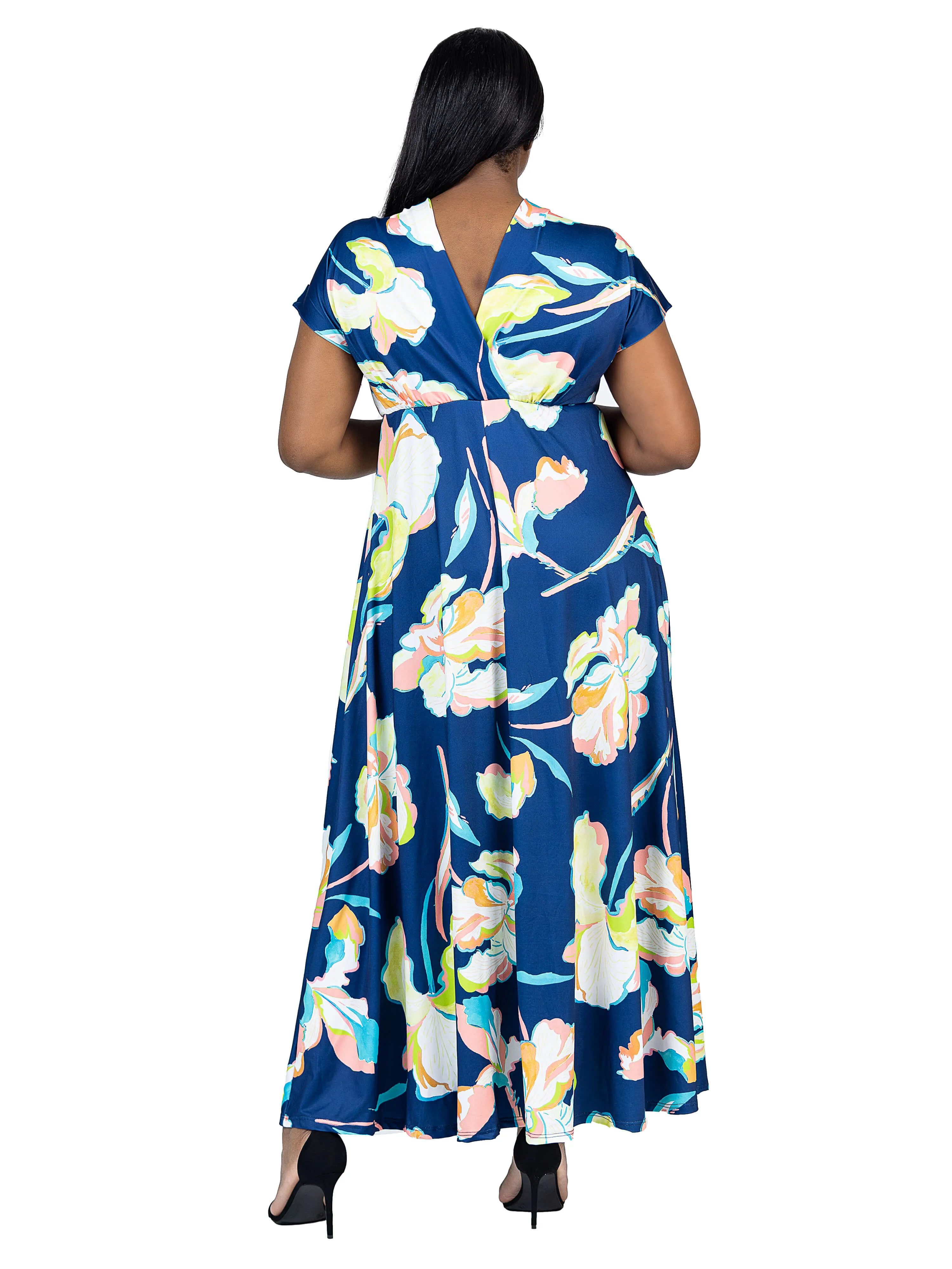 Plus Size Navy Floral Print V Neck Empire Waist Kimono Cap Sleeve Maxi Dress sold by 24/7 Comfort Apparel product image thumbnail 3