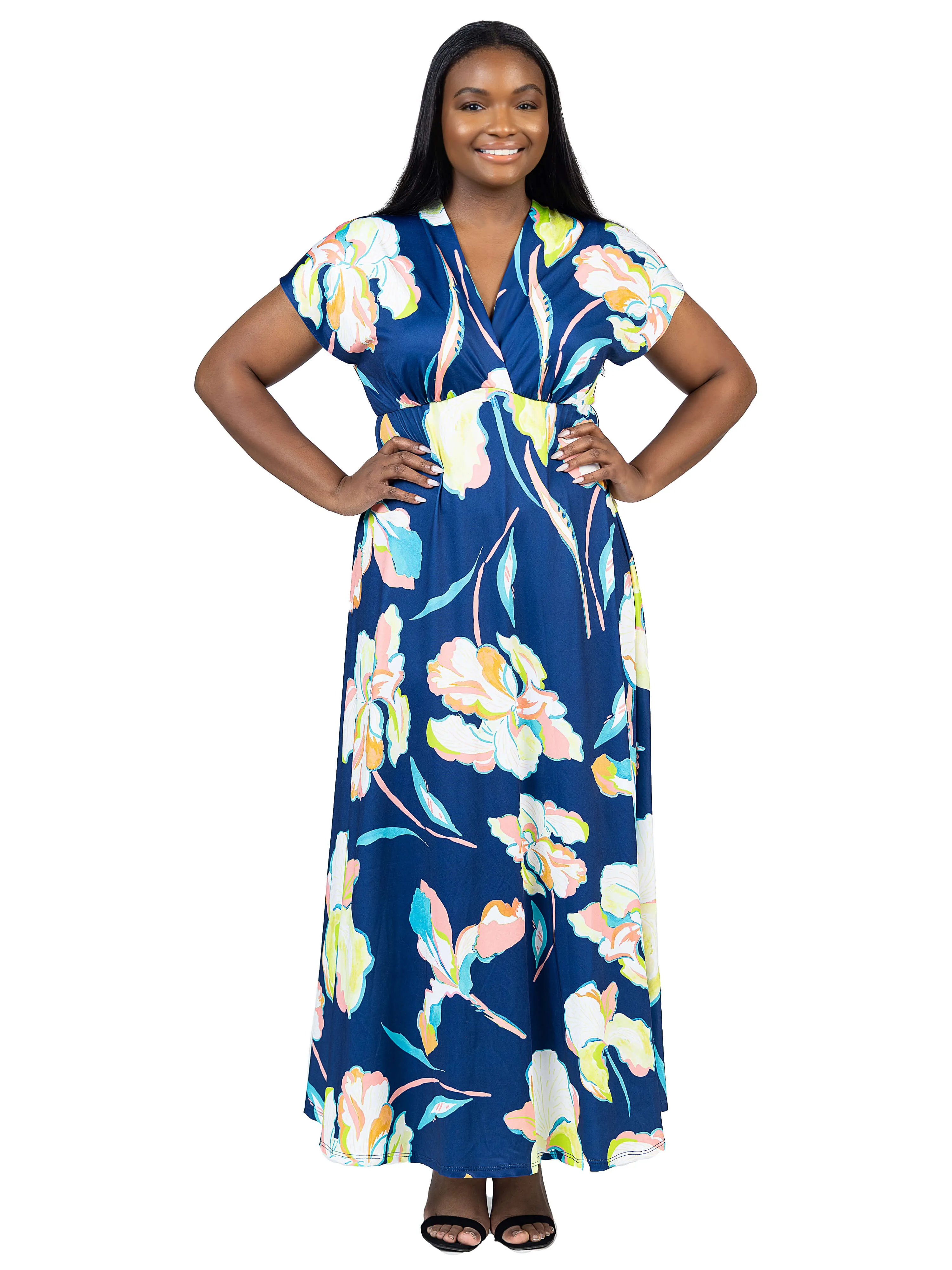 Plus Size Navy Floral Print V Neck Empire Waist Kimono Cap Sleeve Maxi Dress sold by 24/7 Comfort Apparel