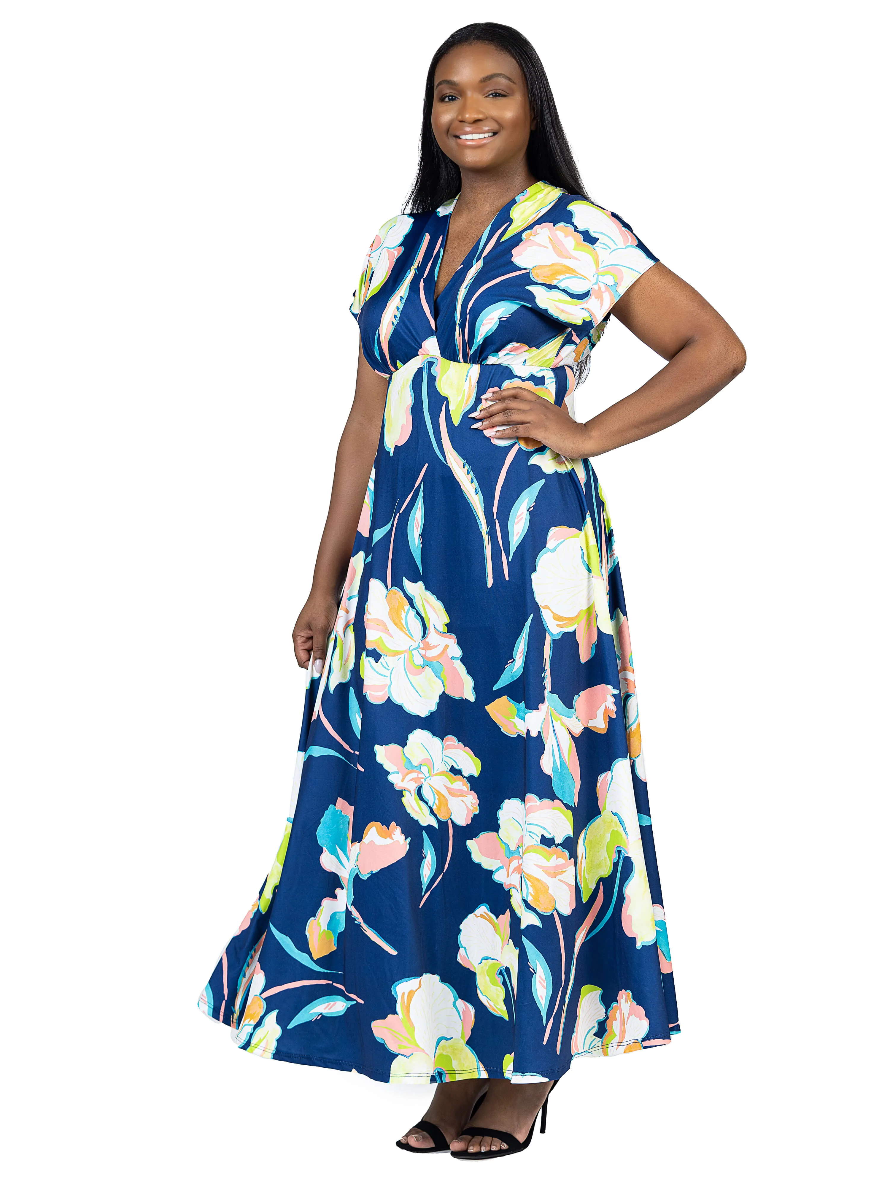 Plus Size Navy Floral Print V Neck Empire Waist Kimono Cap Sleeve Maxi Dress sold by 24/7 Comfort Apparel product image thumbnail 2