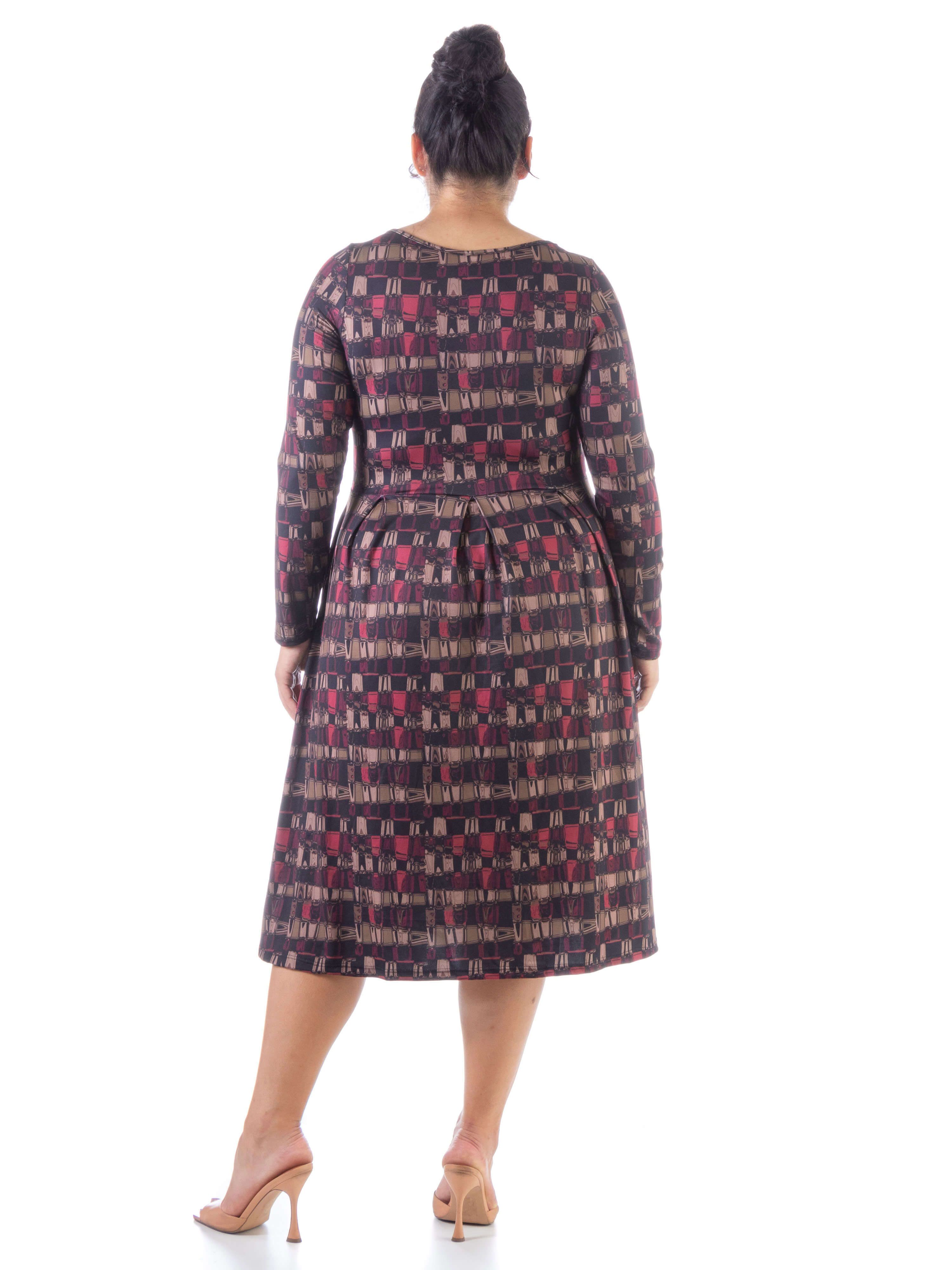 Red Print Long Sleeve Pleated Pocket Plus Size Midi Dress sold by 24/7 Comfort Apparel product image thumbnail 3