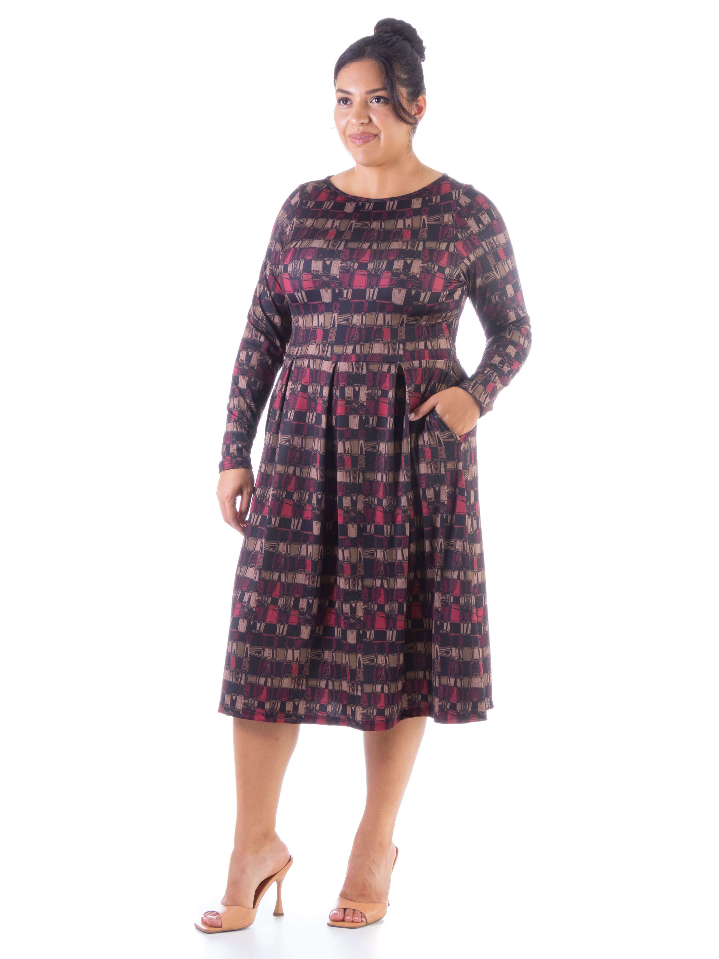 Red Print Long Sleeve Pleated Pocket Plus Size Midi Dress sold by 24/7 Comfort Apparel product image thumbnail 2