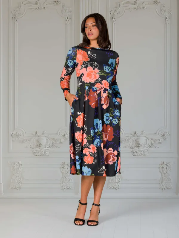 Black Floral Midi Length Long Sleeve Pocket Dress sold by 24/7 Comfort Apparel