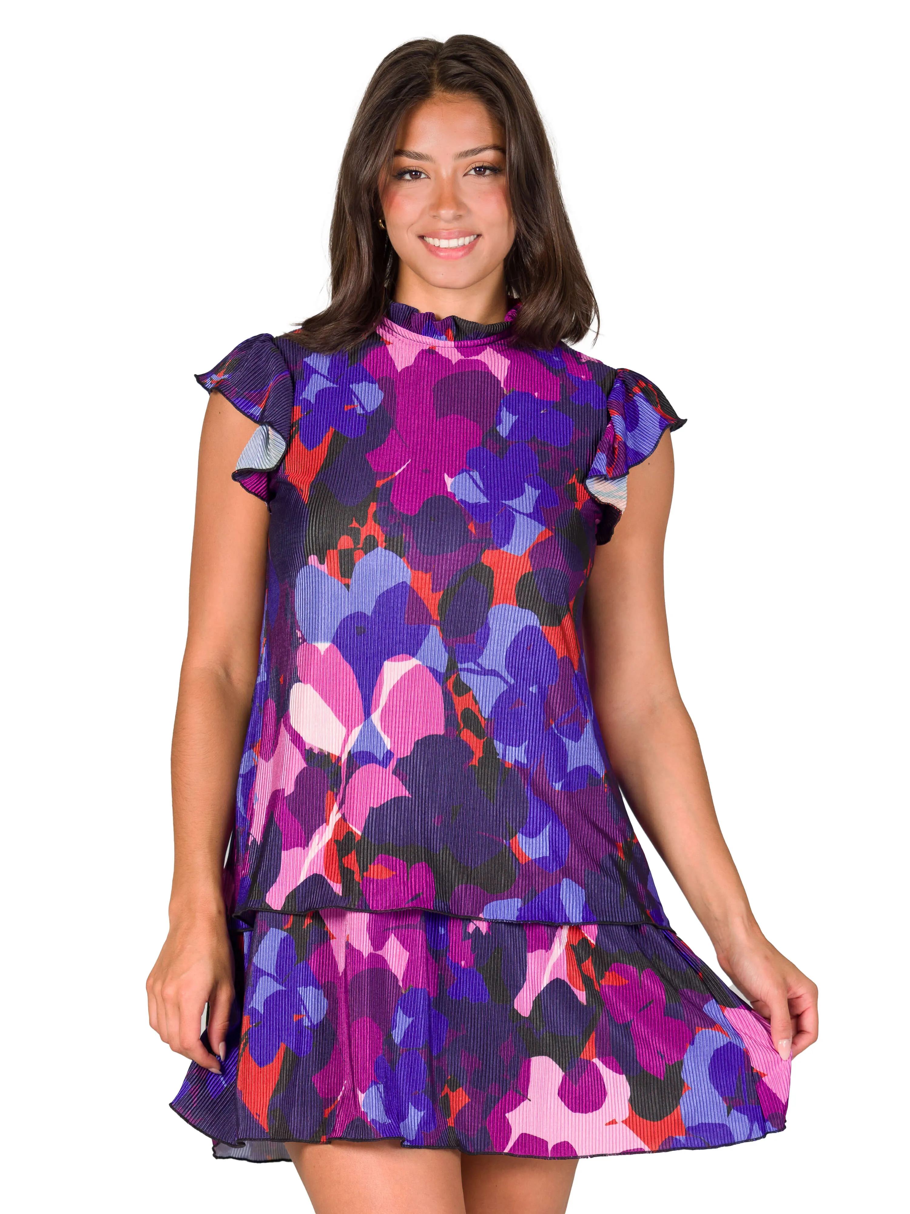 Multicolor Ruffle Cap Sleeve High Neck Tiered Mini Dress sold by 24/7 Comfort Apparel product image thumbnail 5