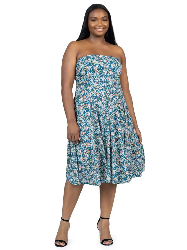 Plus Size Teal Floral Strapless Tube Top Flowy Knee Length Dress sold by 24/7 Comfort Apparel