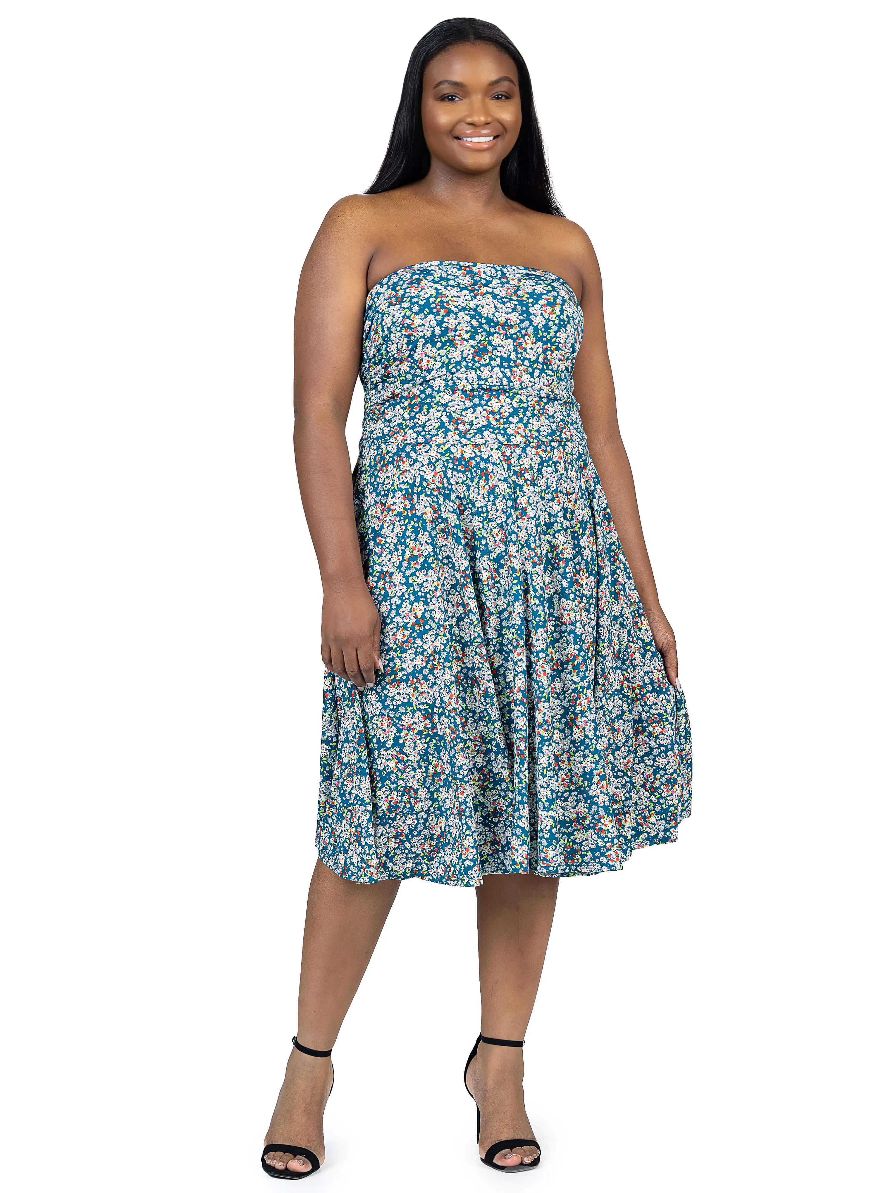 Plus Size Teal Floral Strapless Tube Top Flowy Knee Length Dress sold by 24/7 Comfort Apparel