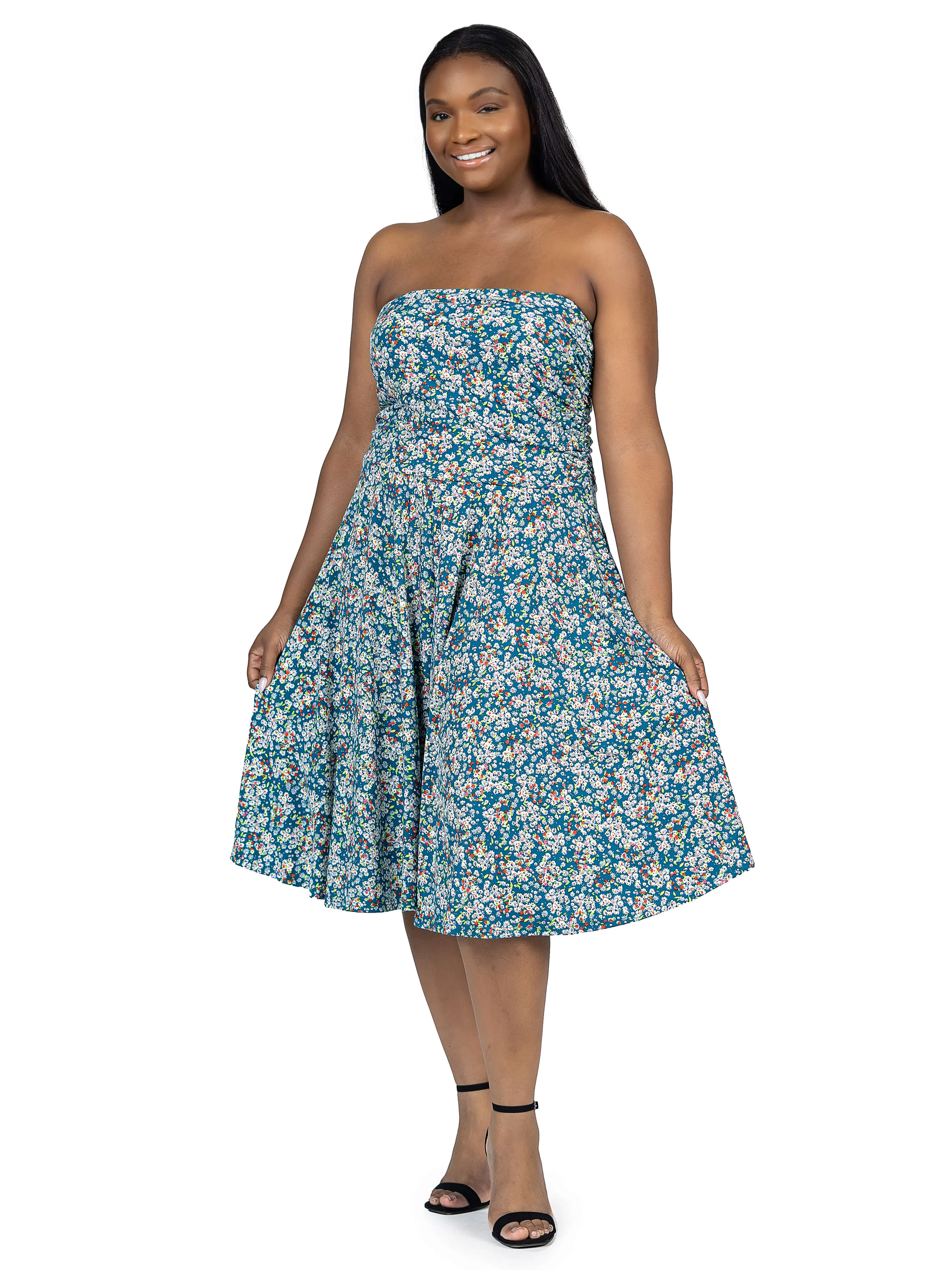 Plus Size Teal Floral Strapless Tube Top Flowy Knee Length Dress sold by 24/7 Comfort Apparel product image thumbnail 2