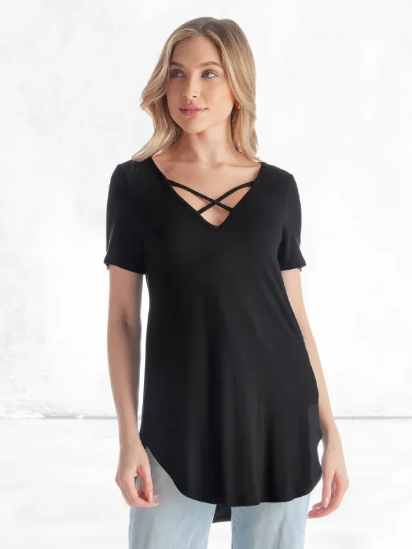 Womens V Neck Criss Cross Neckline T Shirt Tunic Top sold by 24/7 Comfort Apparel