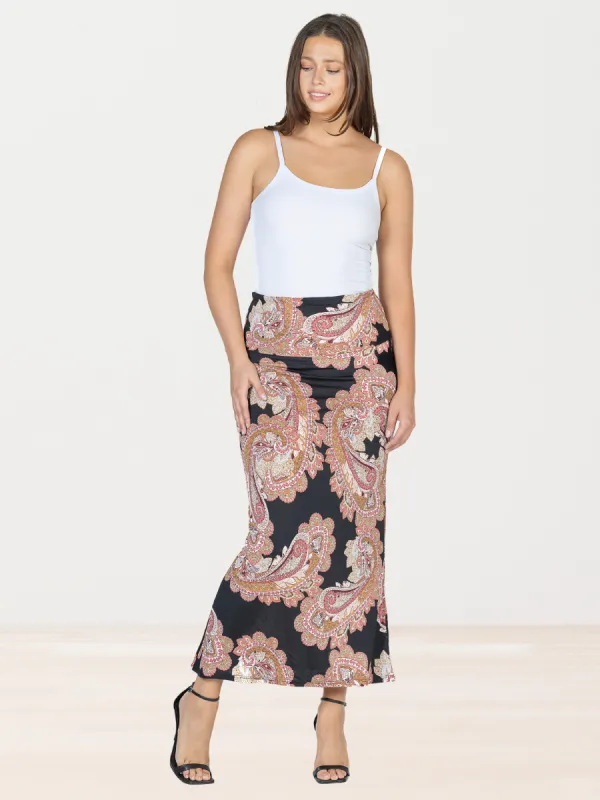 Womens Black Paisley Print Foldover Maxi Skirt sold by 24/7 Comfort Apparel