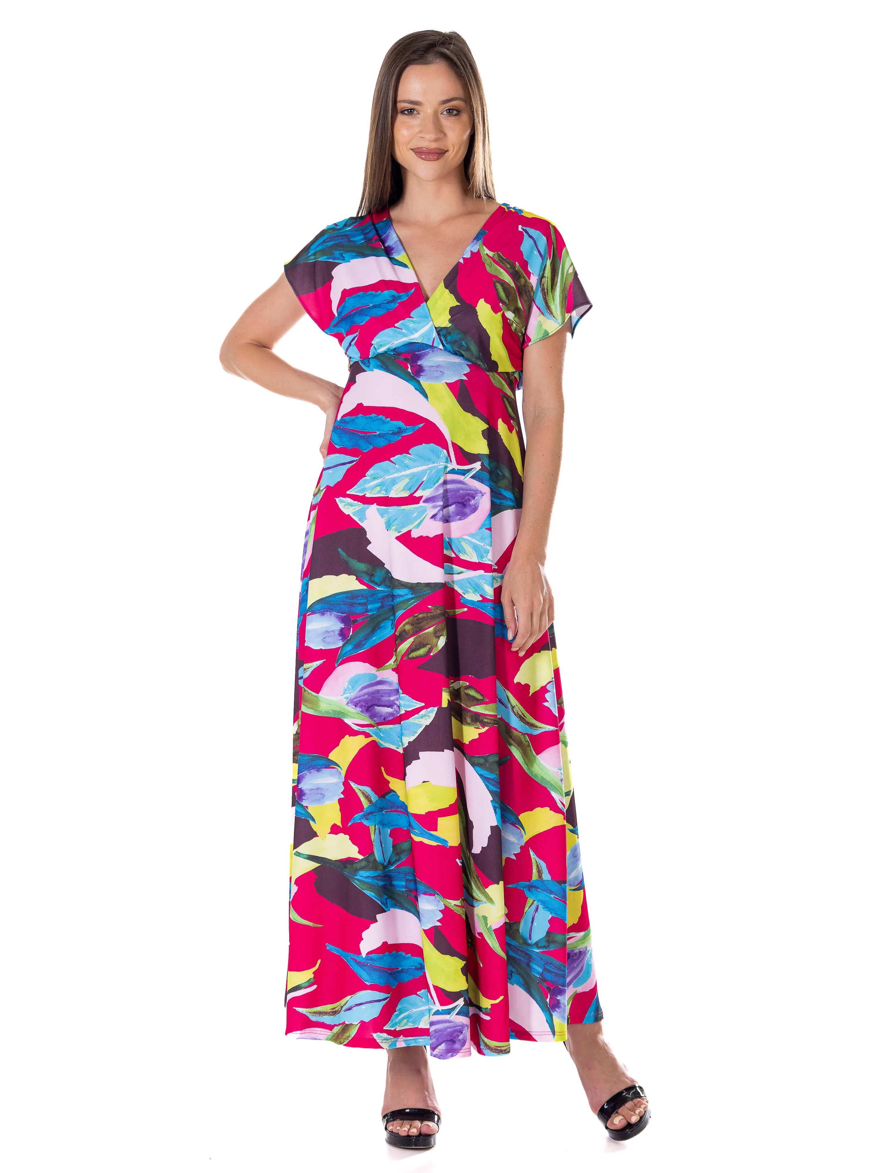 Womens Floral Print V Neck Empire Waist Kimono Cap Sleeve Maxi Dress sold by 24/7 Comfort Apparel product image thumbnail 2