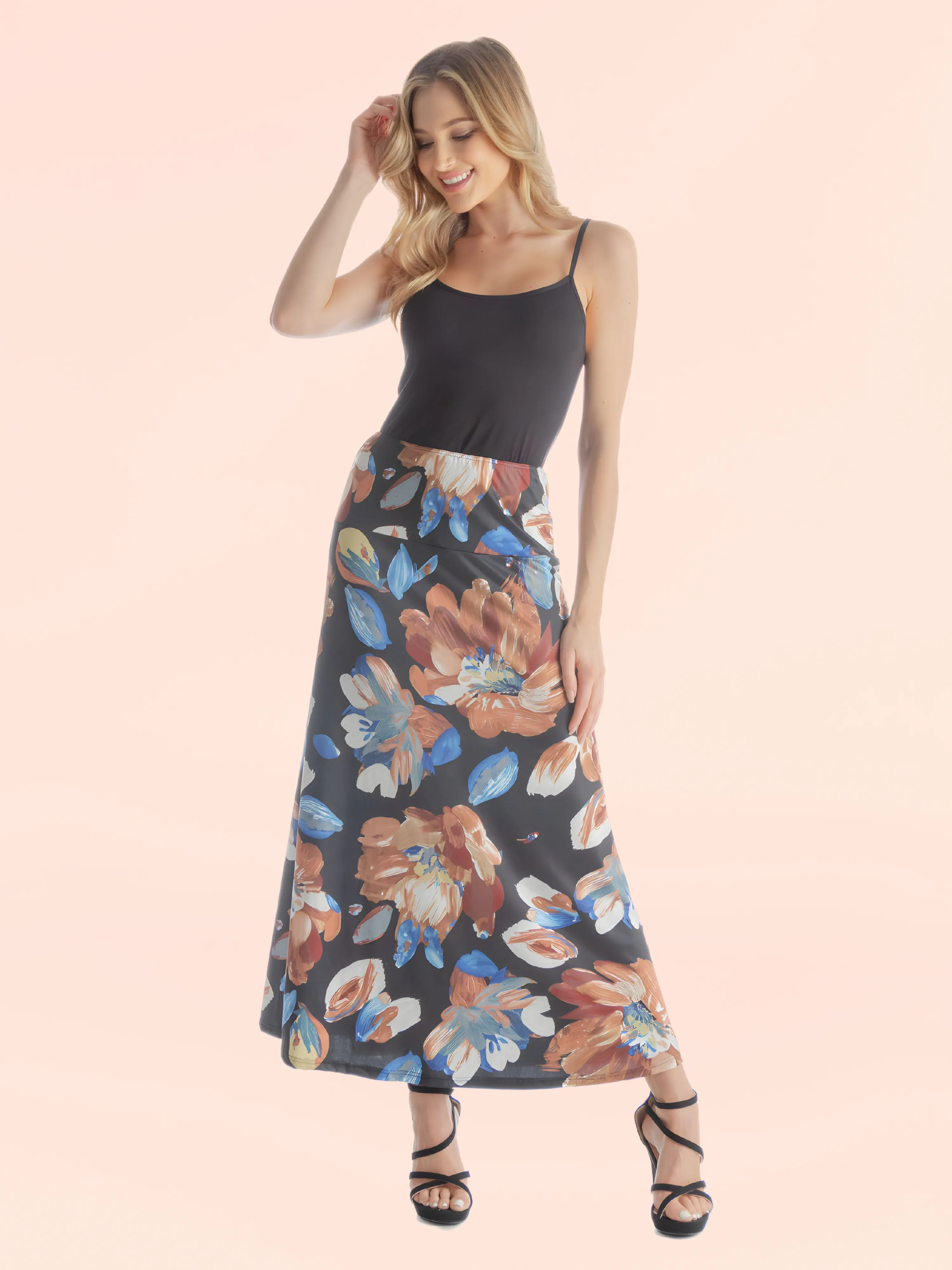 Black Floral Print Elastic Waist Comfortable Ankle Length Maxi Skirt sold by 24/7 Comfort Apparel