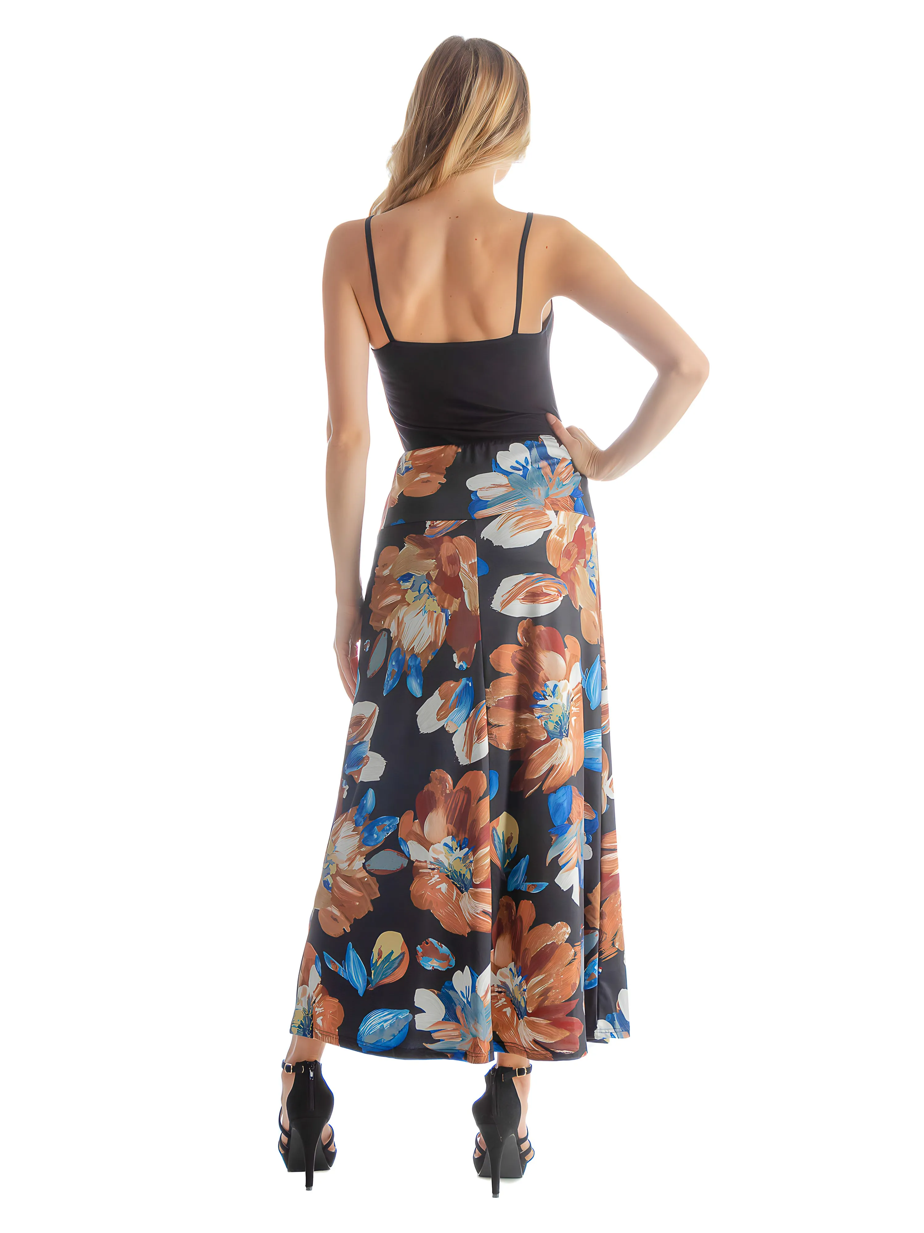 Black Floral Print Elastic Waist Comfortable Ankle Length Maxi Skirt sold by 24/7 Comfort Apparel product image thumbnail 4
