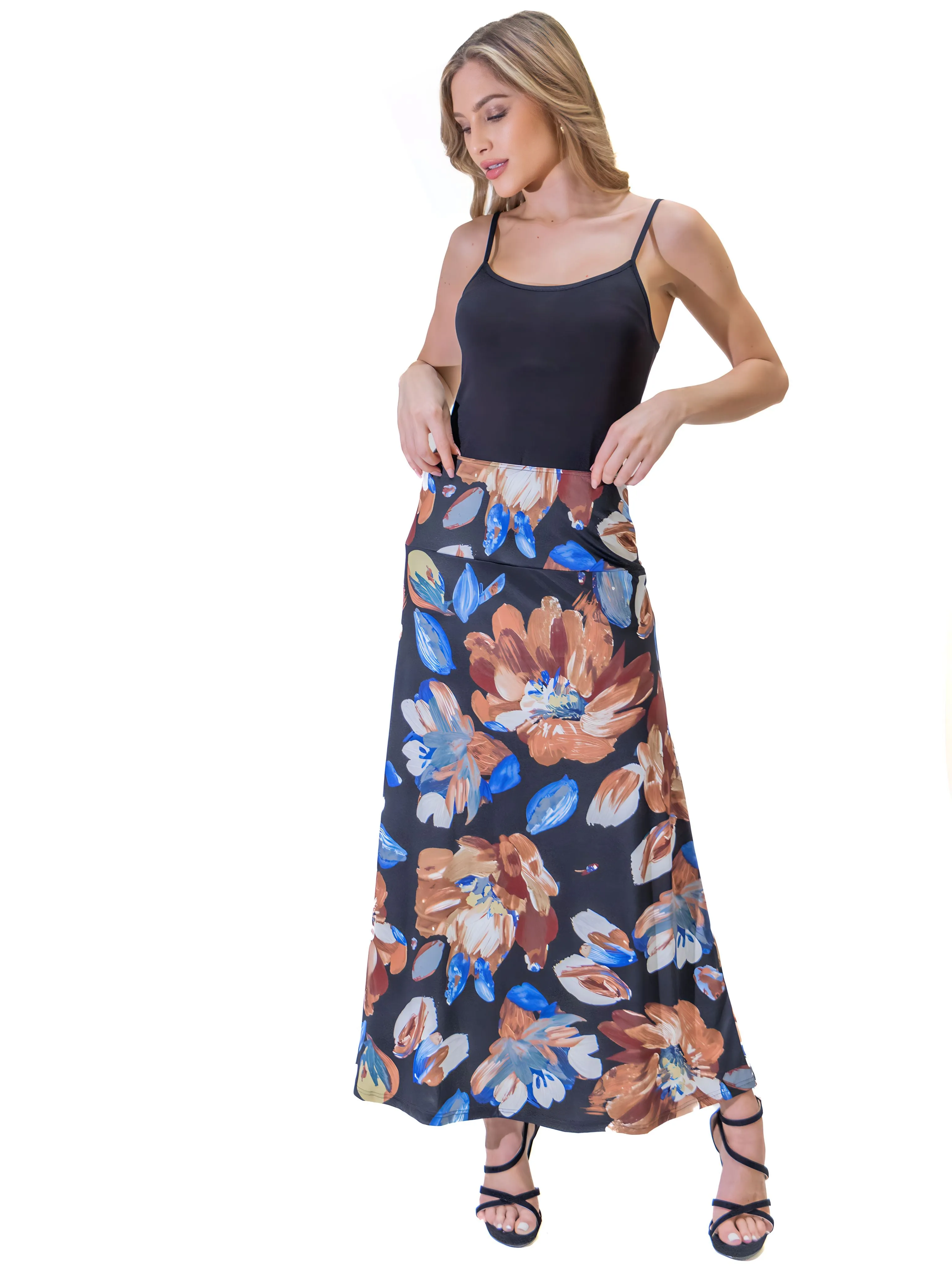 Black Floral Print Elastic Waist Comfortable Ankle Length Maxi Skirt sold by 24/7 Comfort Apparel product image thumbnail 5