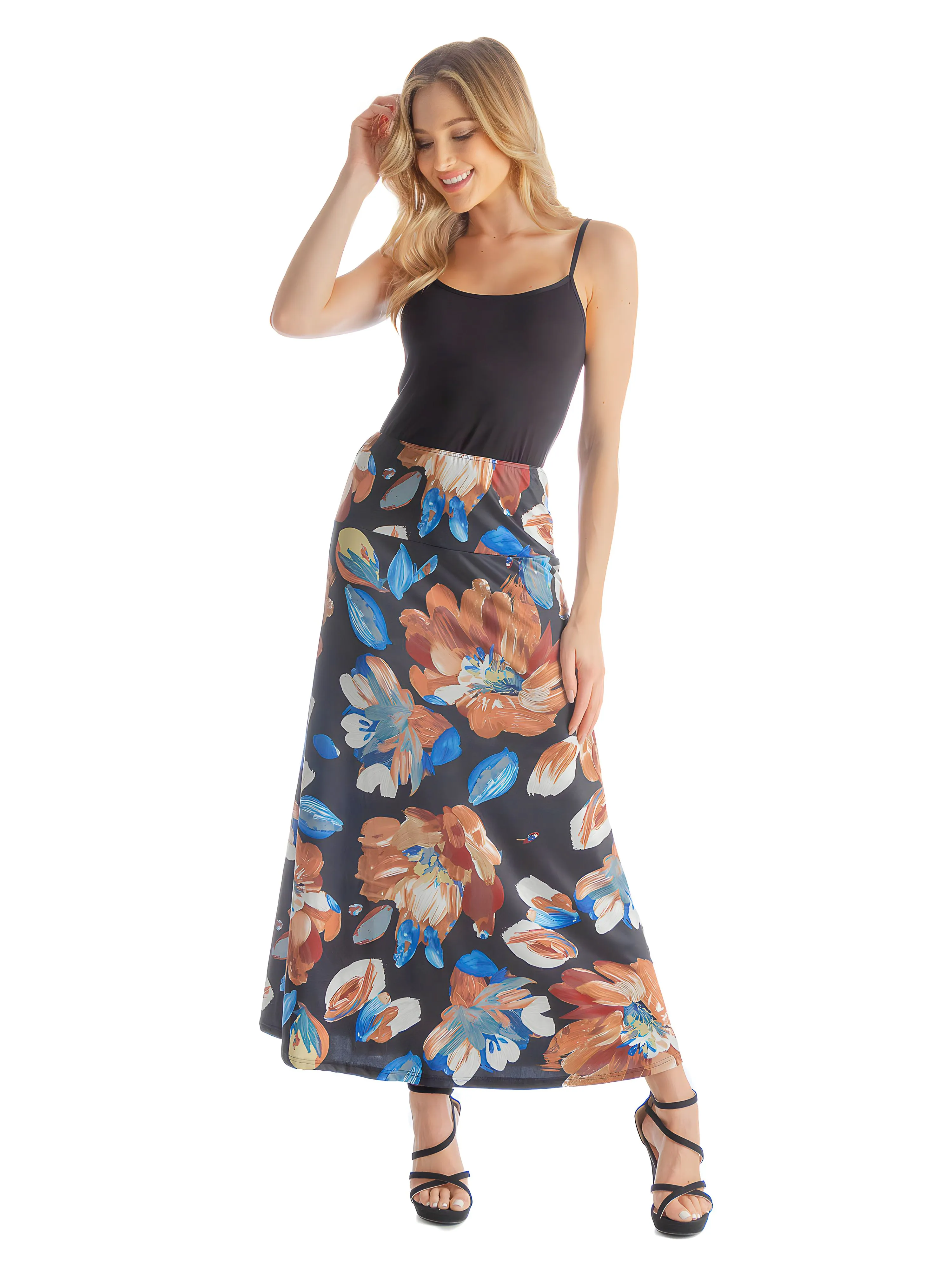 Black Floral Print Elastic Waist Comfortable Ankle Length Maxi Skirt sold by 24/7 Comfort Apparel product image thumbnail 2