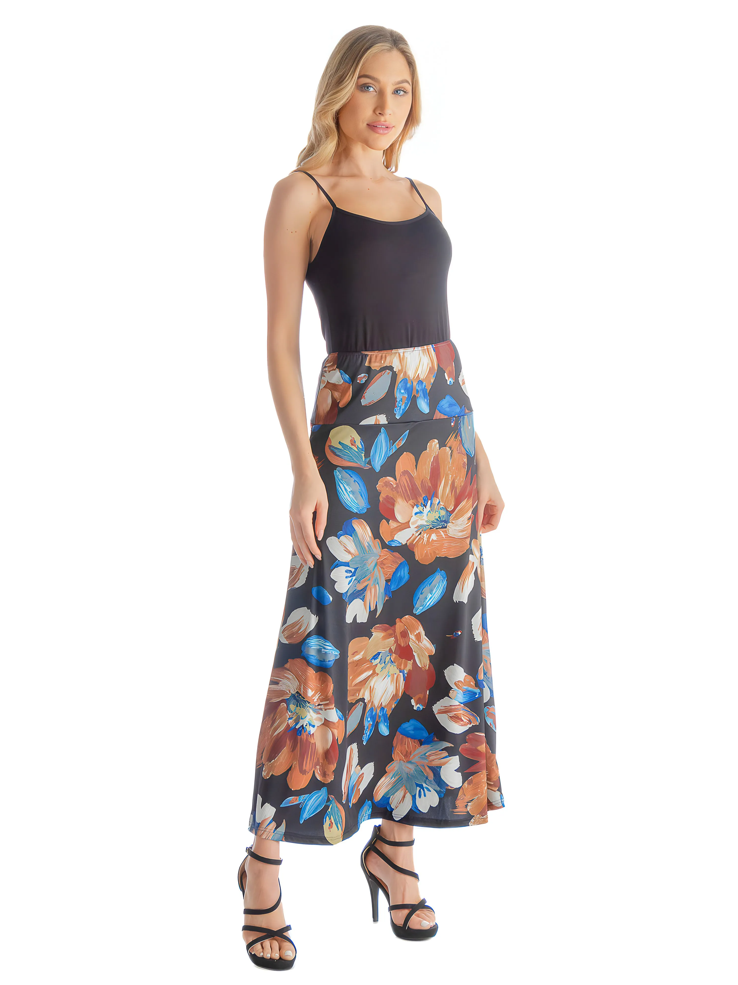 Black Floral Print Elastic Waist Comfortable Ankle Length Maxi Skirt sold by 24/7 Comfort Apparel product image thumbnail 3