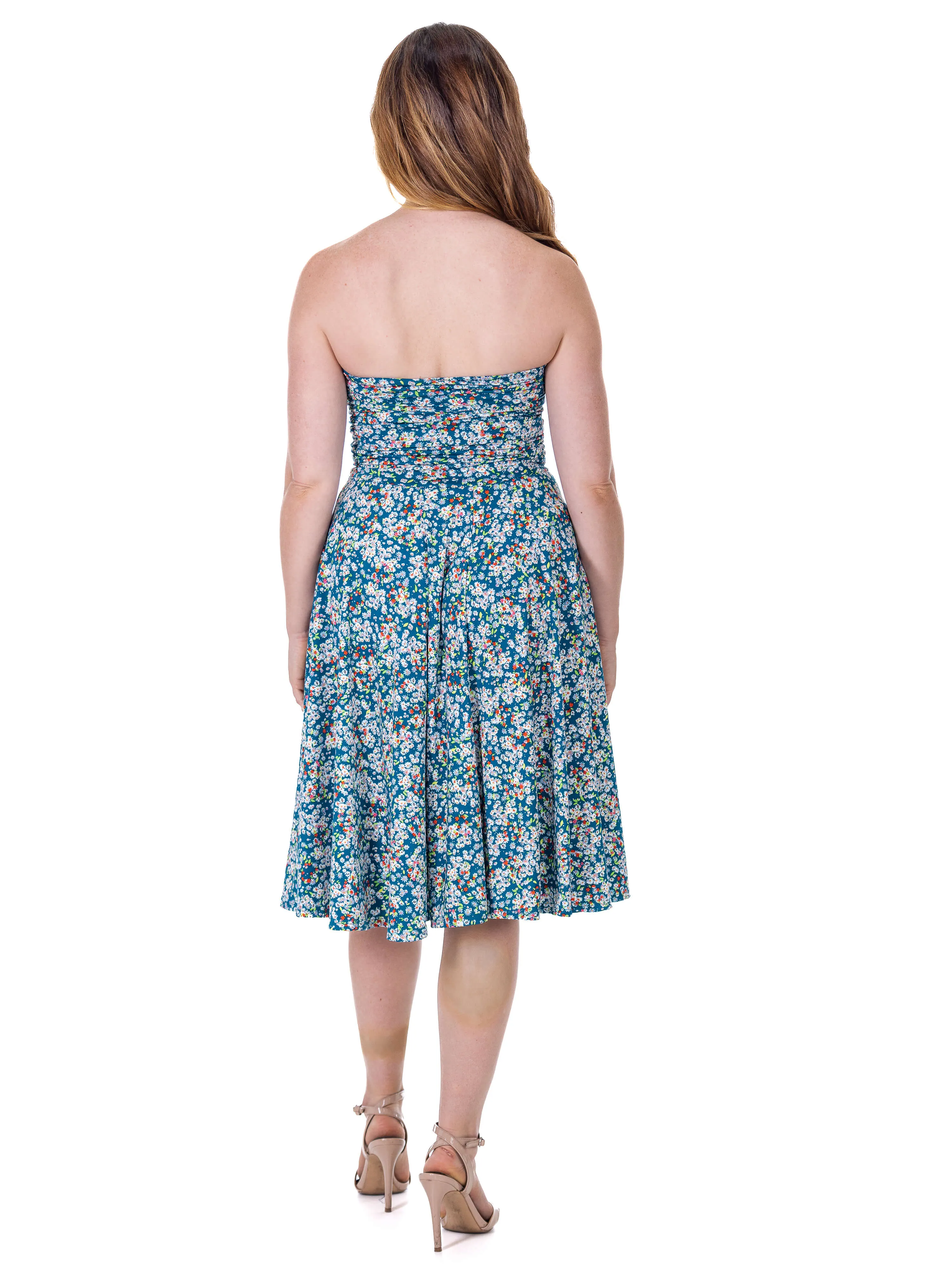 Womens Teal Floral Strapless Tube Top Flowy Knee Length Dress sold by 24/7 Comfort Apparel product image thumbnail 5