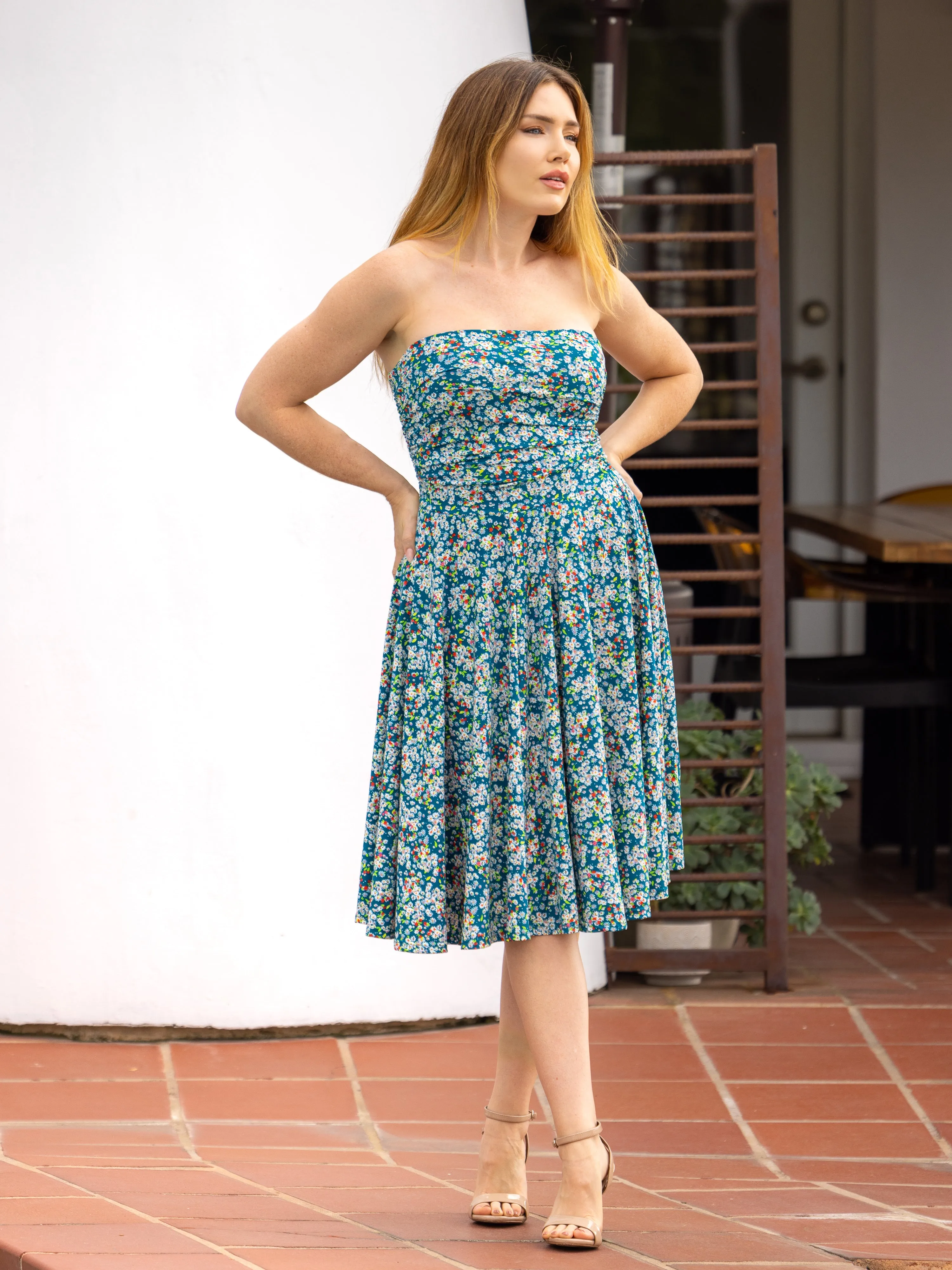 Womens Teal Floral Strapless Tube Top Flowy Knee Length Dress sold by 24/7 Comfort Apparel
