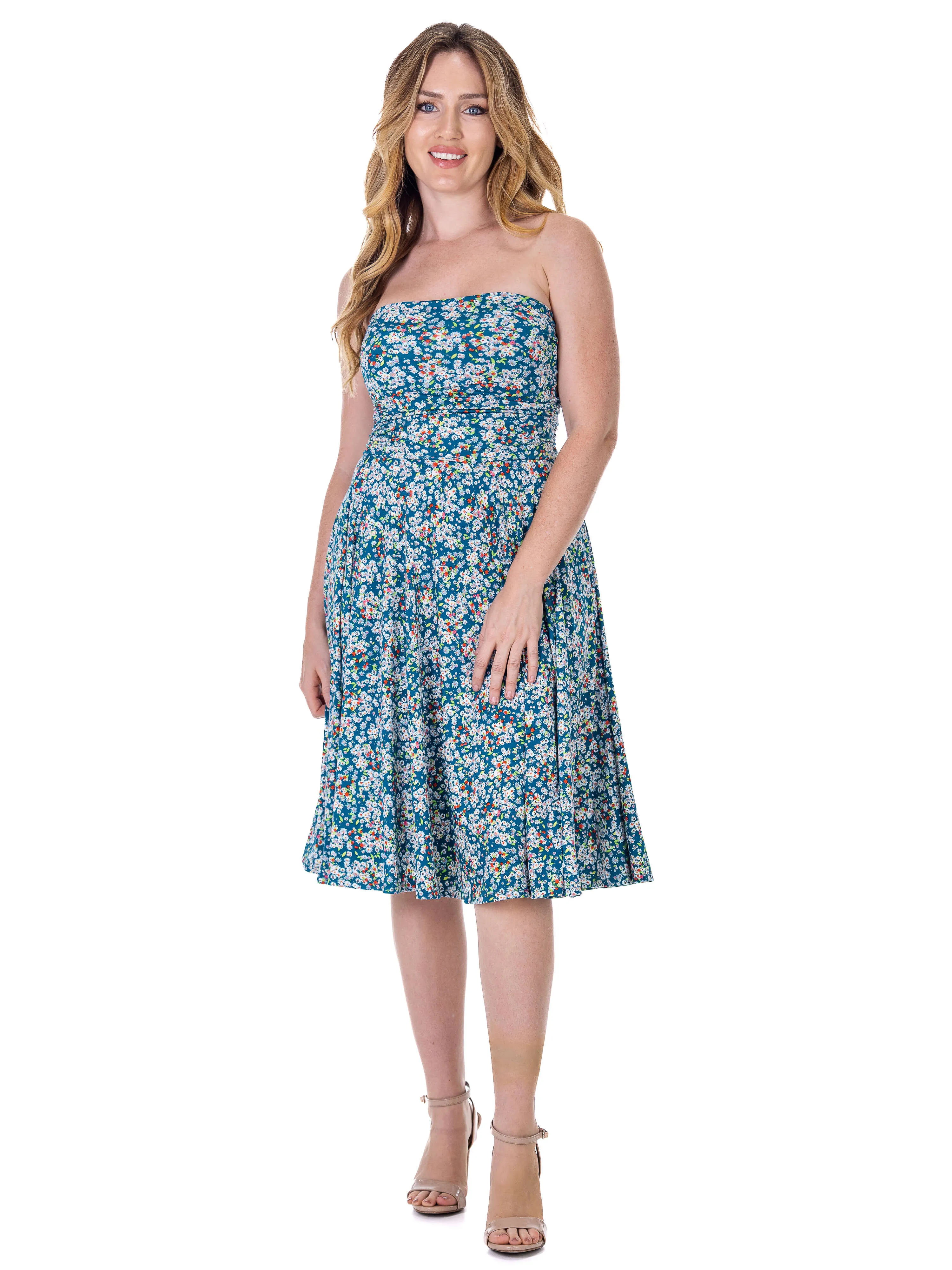 Womens Teal Floral Strapless Tube Top Flowy Knee Length Dress sold by 24/7 Comfort Apparel product image thumbnail 3
