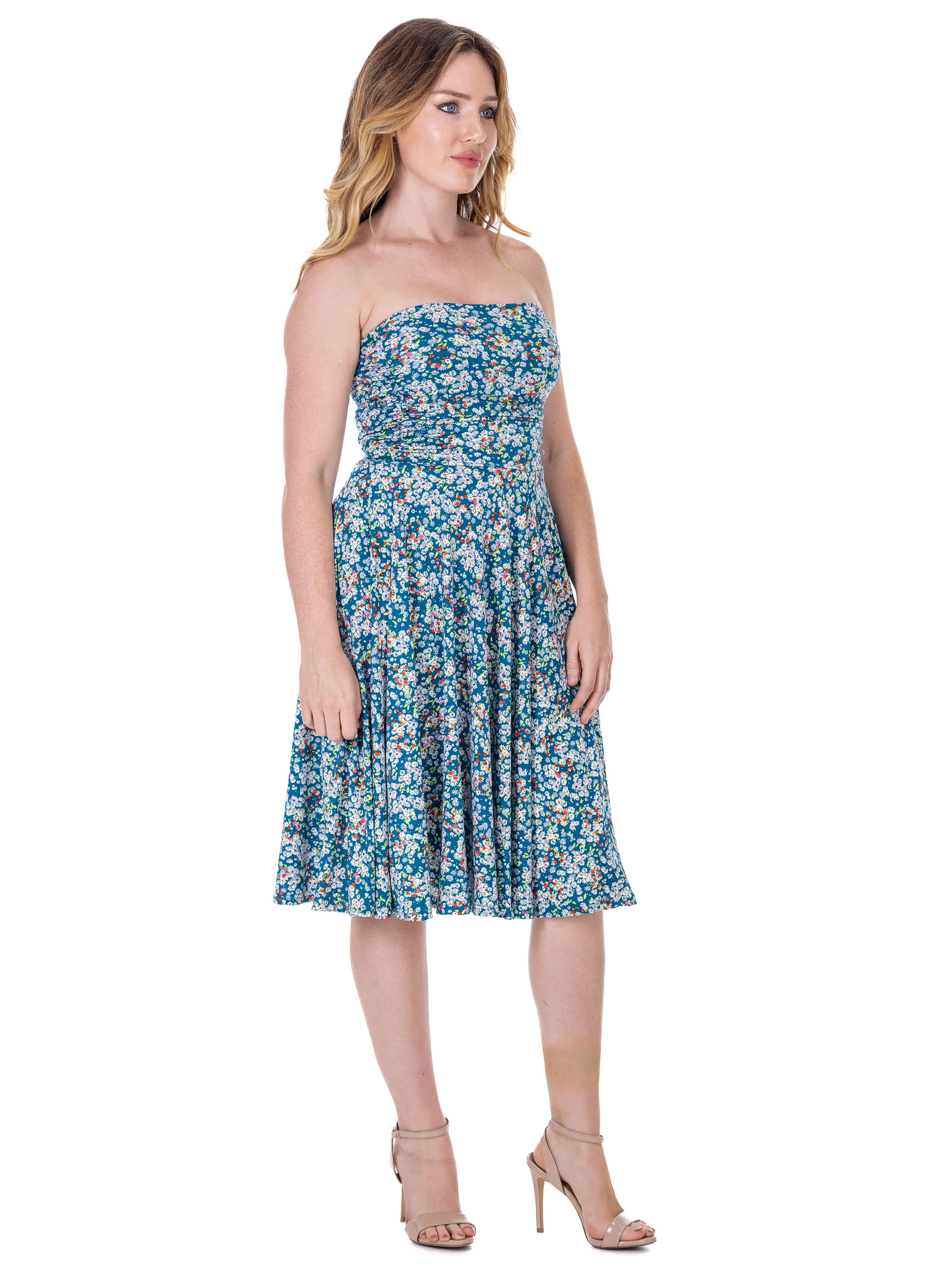 Womens Teal Floral Strapless Tube Top Flowy Knee Length Dress sold by 24/7 Comfort Apparel product image thumbnail 4