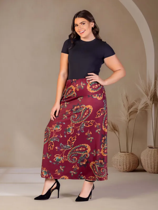 Plus Size Wine Print Elastic Waist A Line Maxi Skirt sold by 24/7 Comfort Apparel