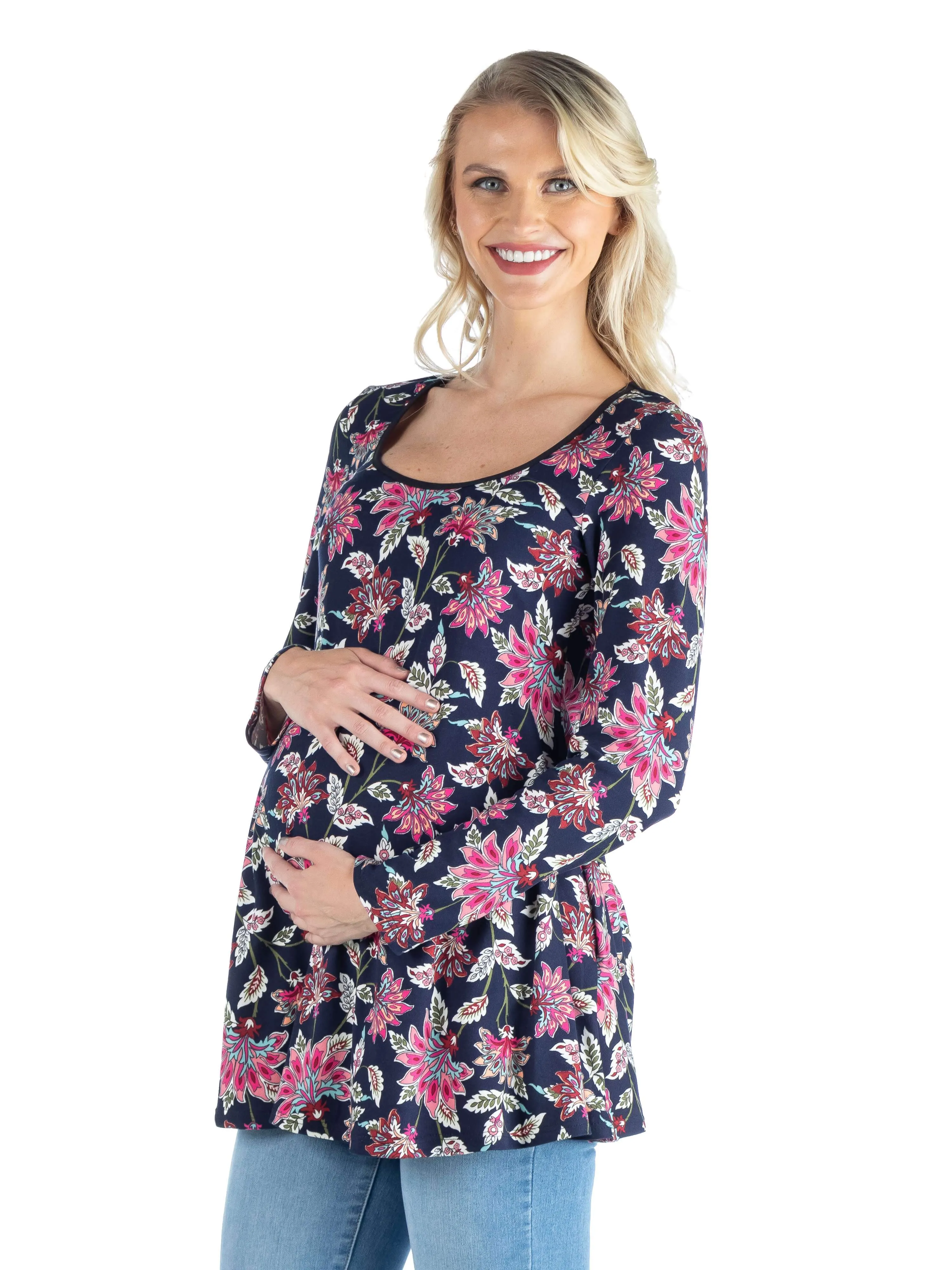 Maternity Navy Floral Print Long Sleeve Tunic Top sold by 24/7 Comfort Apparel