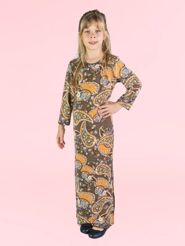 24seven Comfort Apparel Brown Fall Print Girls Long Sleeve Side Slit Maxi Dress sold by 24/7 Comfort Apparel