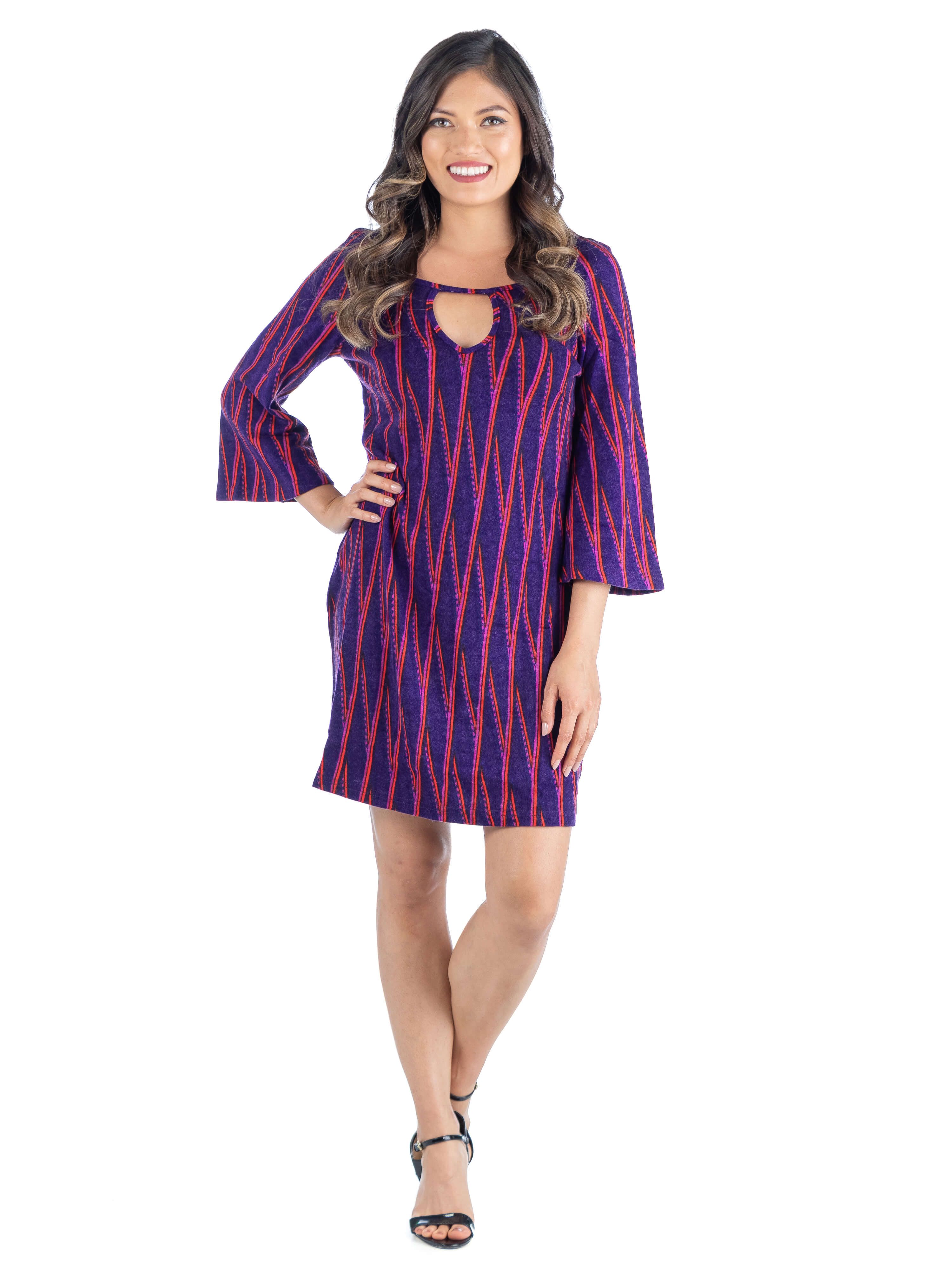 24seven Comfort Apparel Purple Three Quarter Sleeve Keyhole Shift Dress sold by 24/7 Comfort Apparel