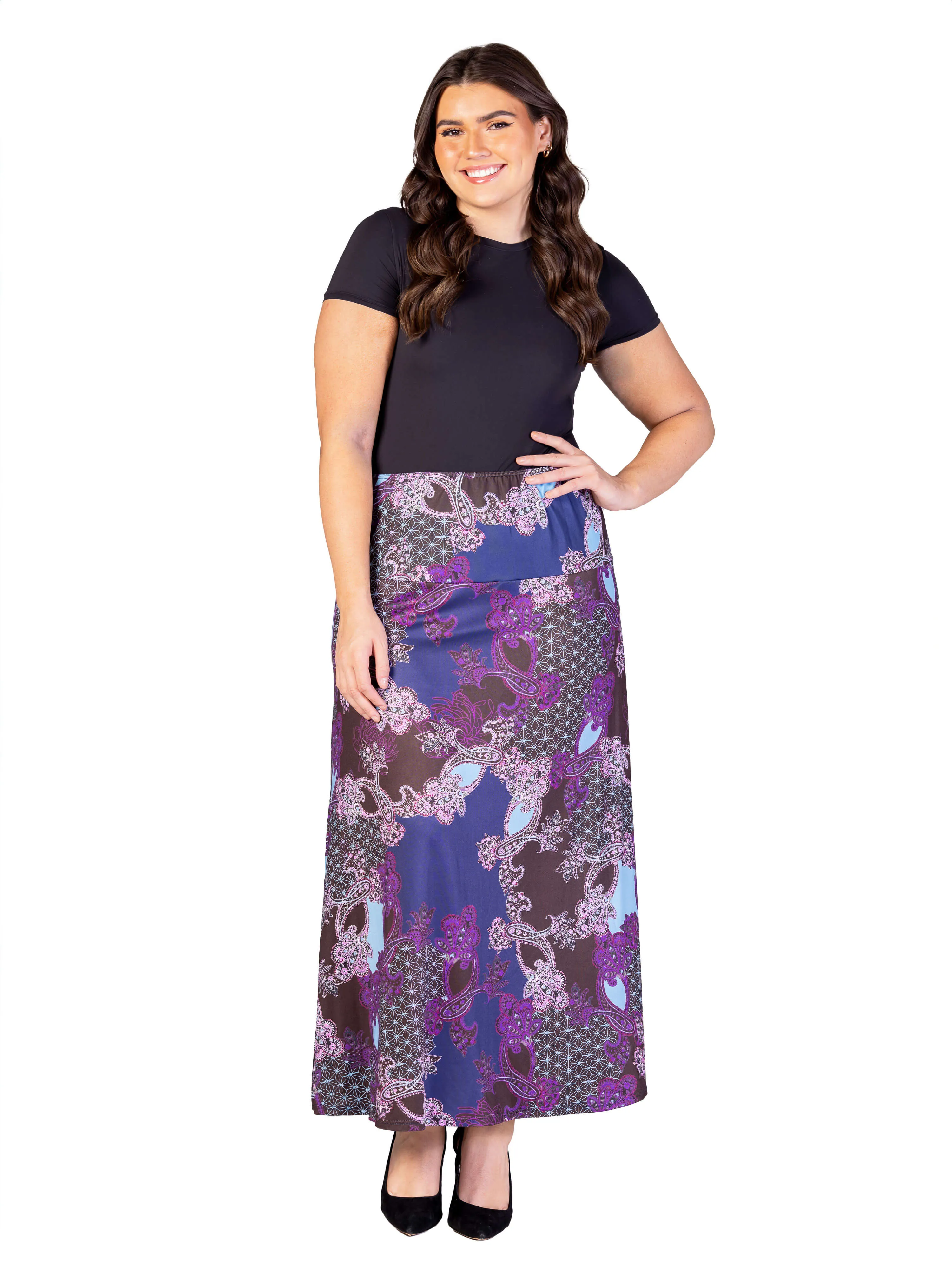 Plus Size Purple Paisley Print Elastic Waist A Line Maxi Skirt sold by 24/7 Comfort Apparel product image thumbnail 2