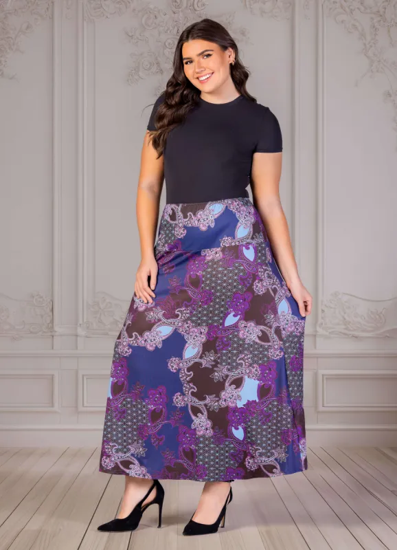 Plus Size Purple Paisley Print Elastic Waist A Line Maxi Skirt sold by 24/7 Comfort Apparel