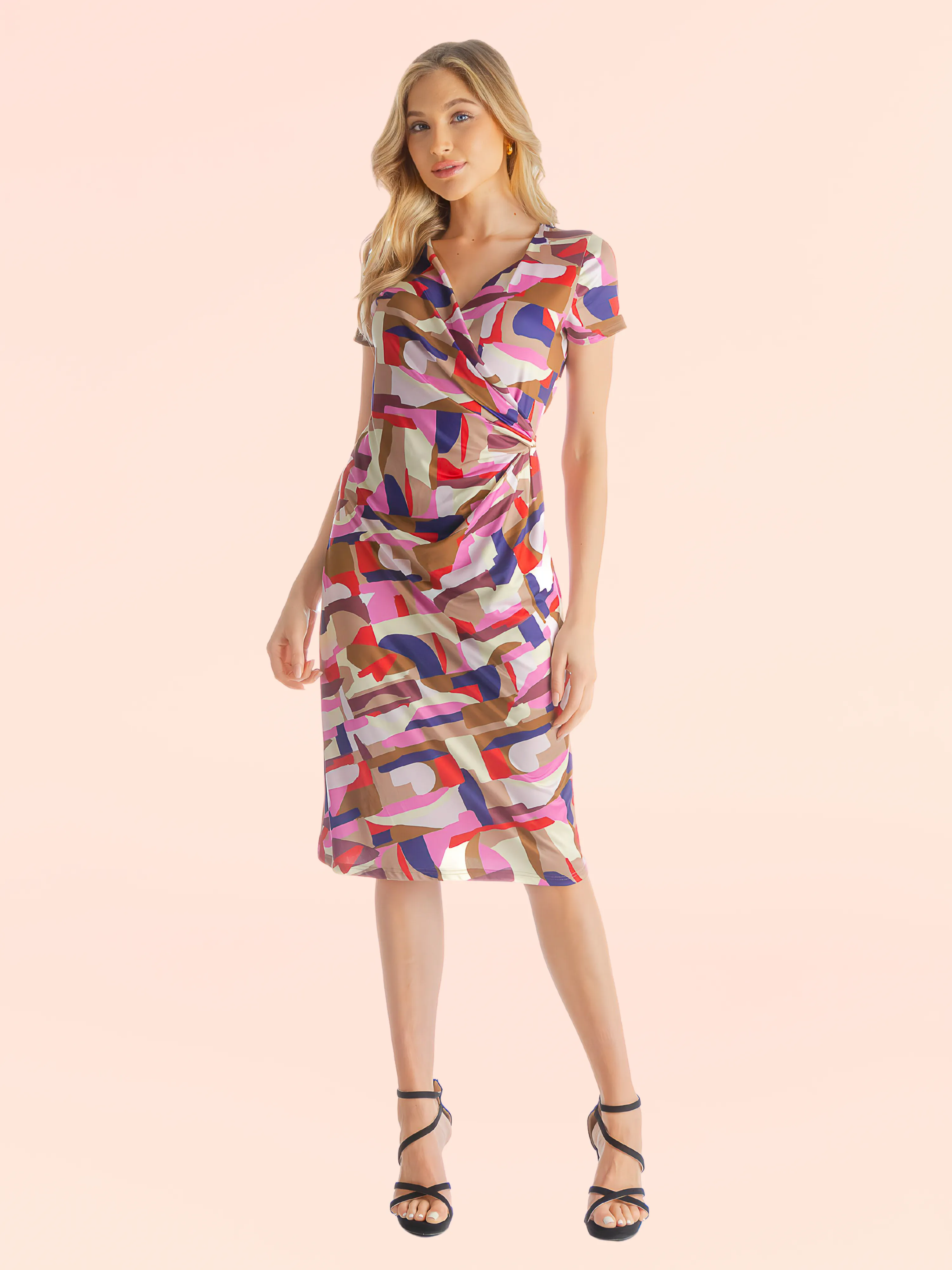 Multicolor Abstract Print Short Sleeve Knee Length Faux Wrap Dress sold by 24/7 Comfort Apparel