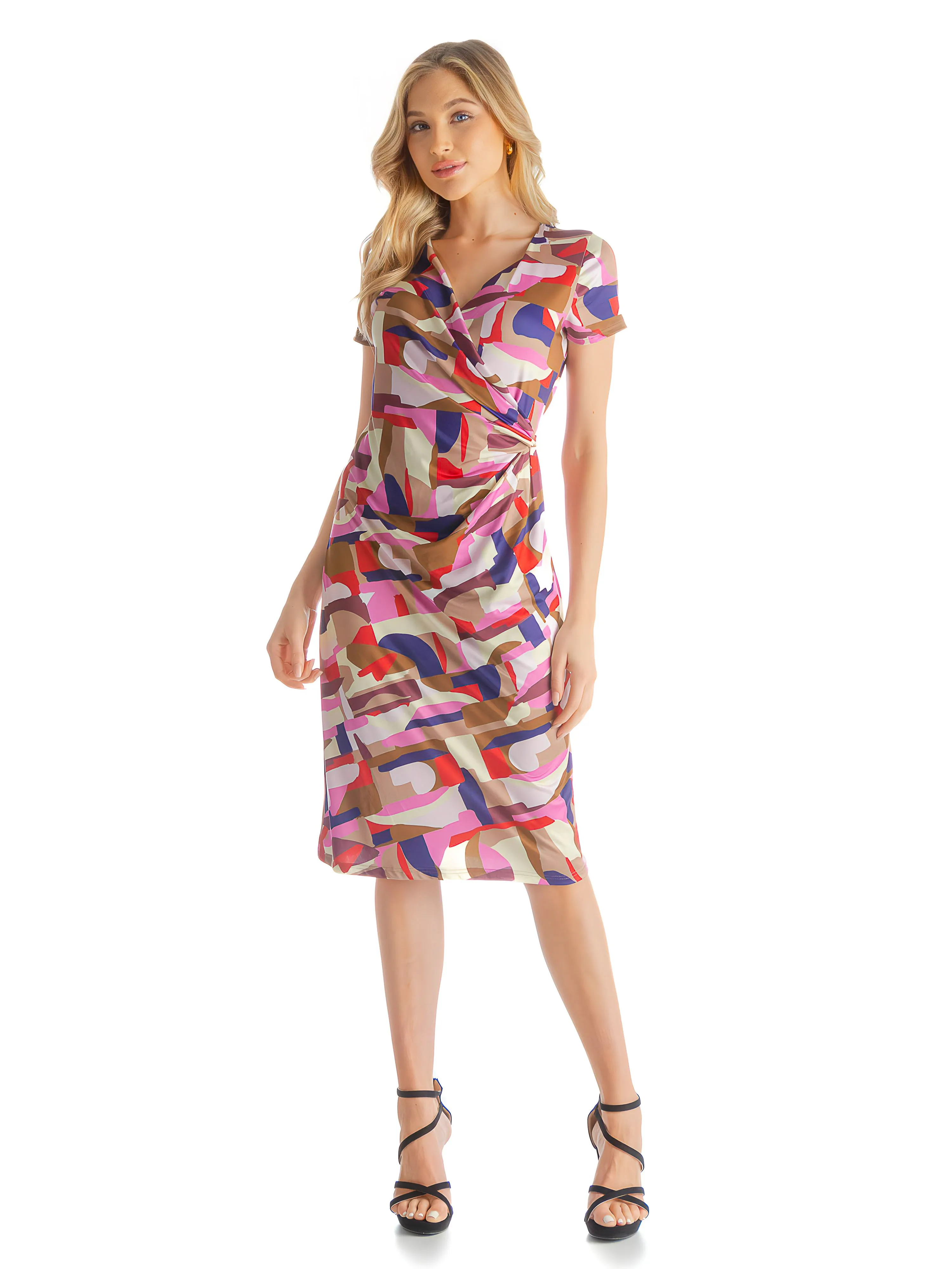 Multicolor Abstract Print Short Sleeve Knee Length Faux Wrap Dress sold by 24/7 Comfort Apparel product image thumbnail 2