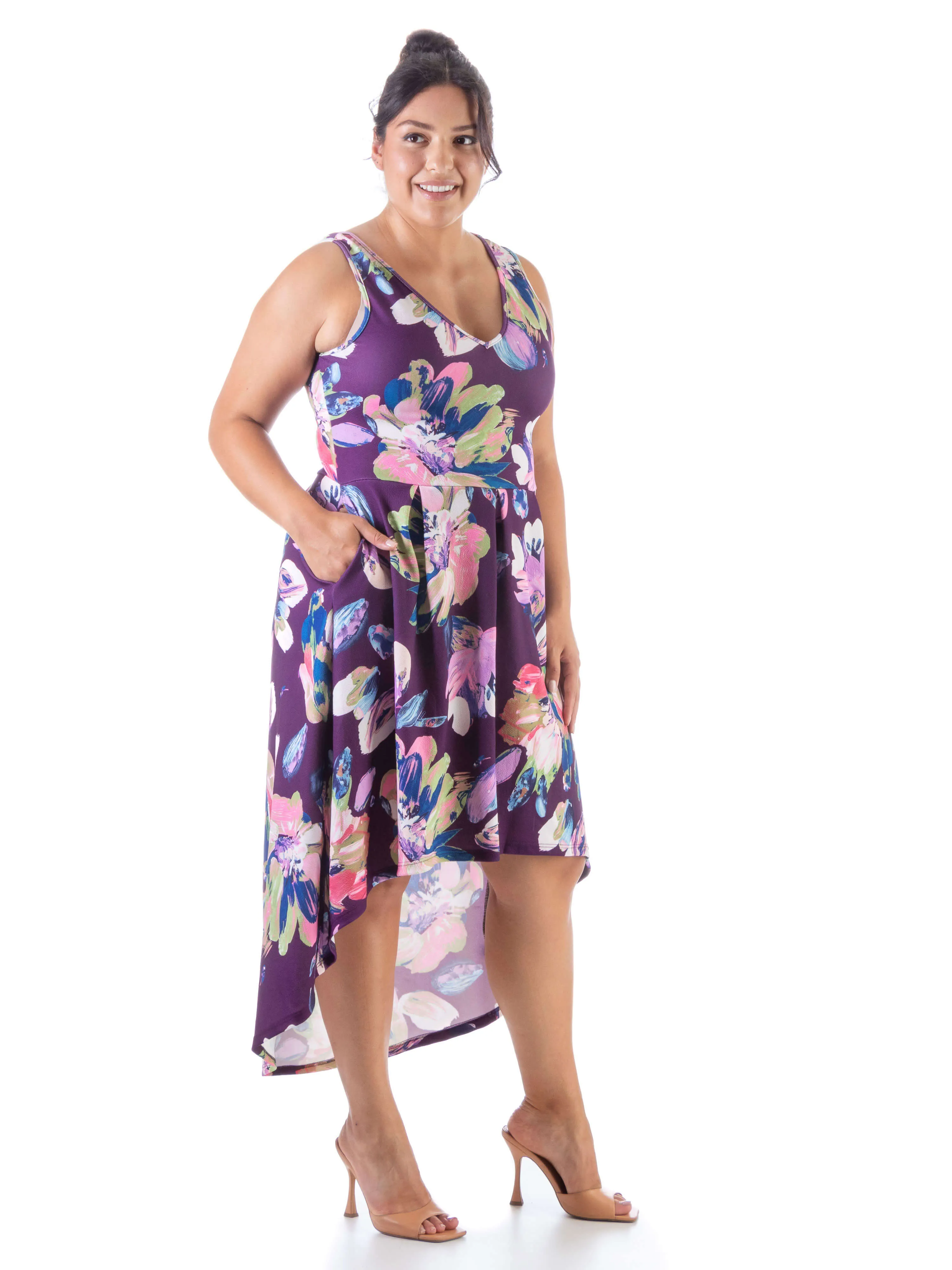 Purple Sleeveless Pleated High Low Plus Size Pocket Dress sold by 24/7 Comfort Apparel product image thumbnail 2