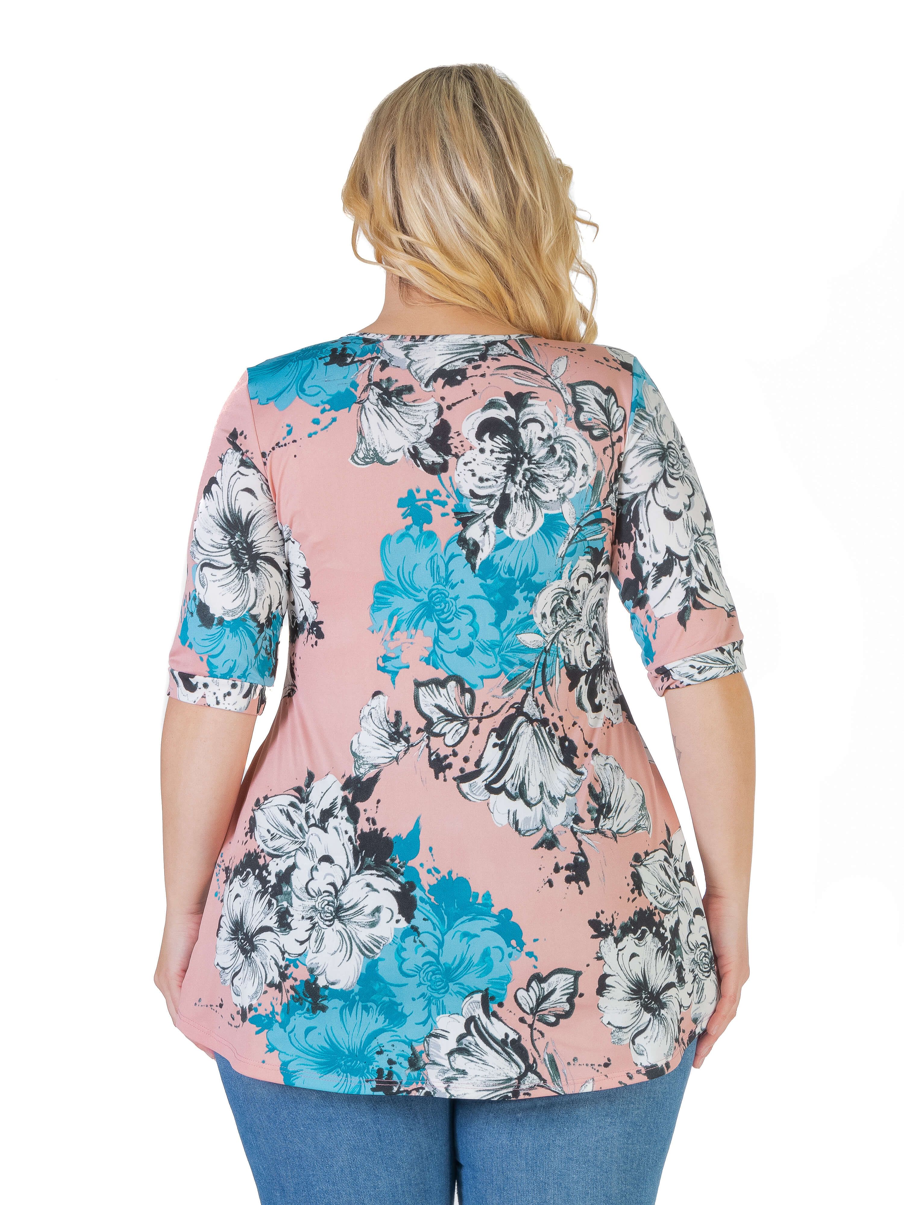 Pink Floral Elbow Sleeve Henley Plus Size Tunic Top sold by 24/7 Comfort Apparel product image thumbnail 4