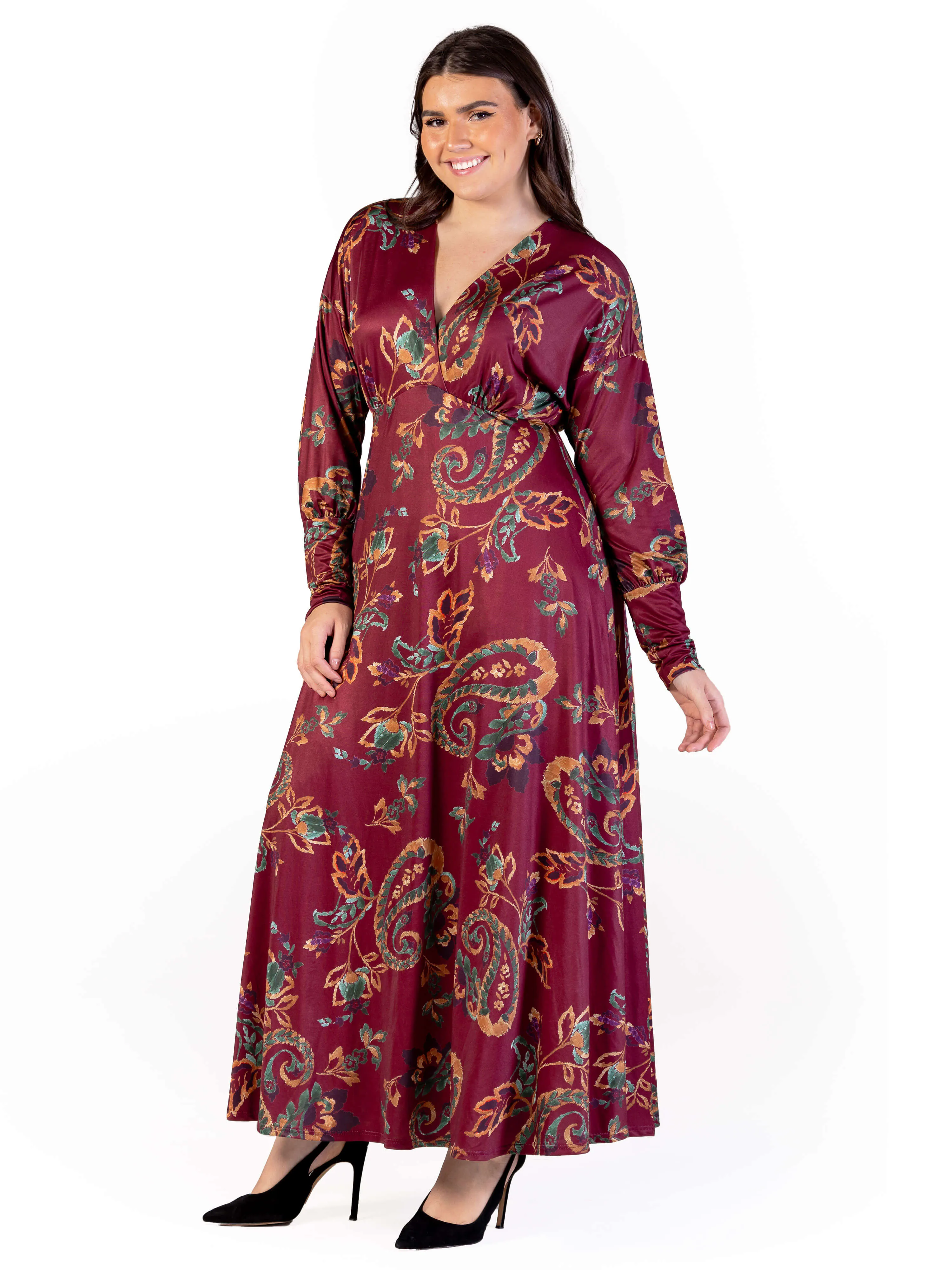 Plus Size Wine Paisley Print Bishop Sleeve A Line Maxi Dress sold by 24/7 Comfort Apparel product image thumbnail 5