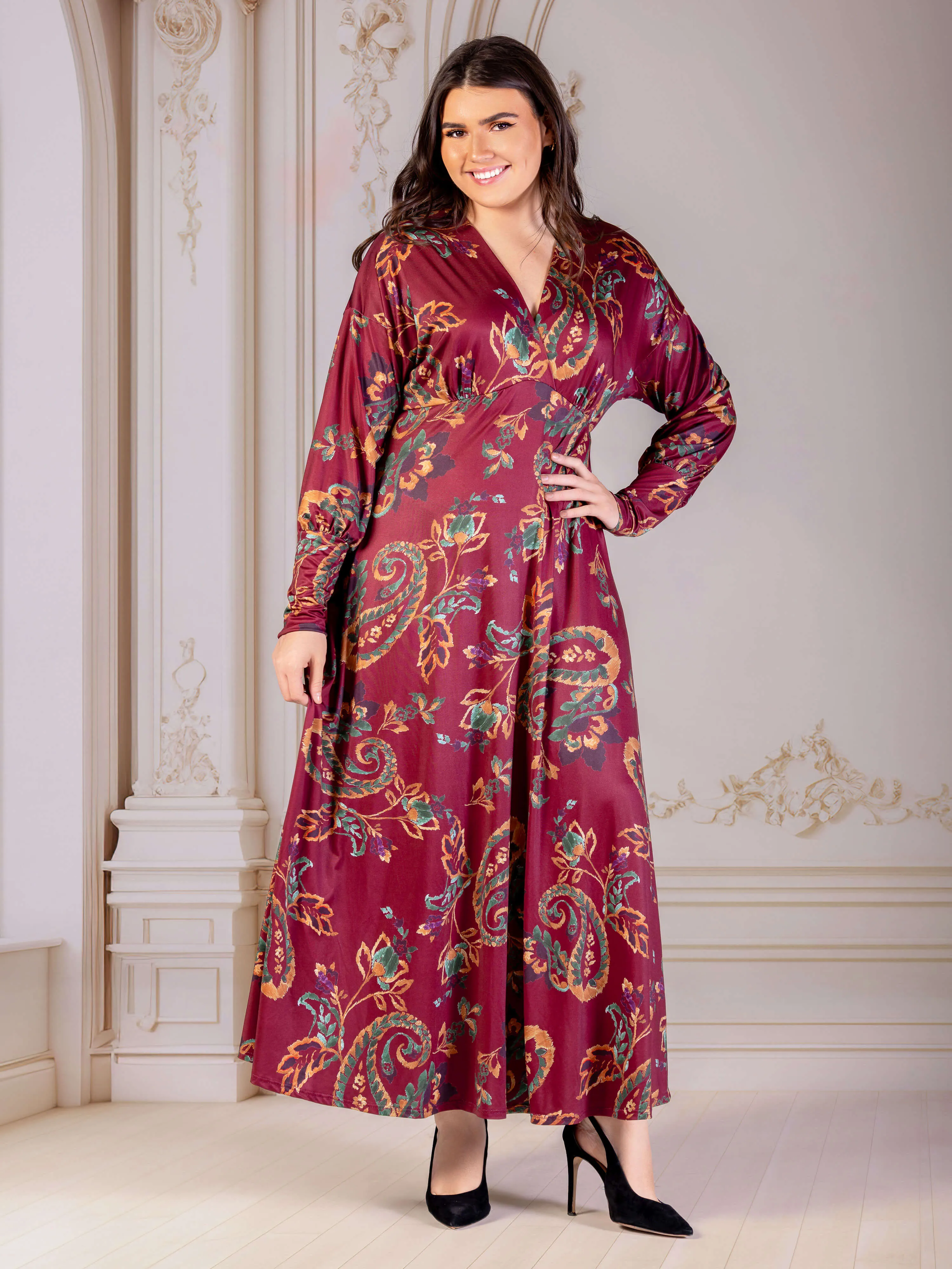 Plus Size Wine Paisley Print Bishop Sleeve A Line Maxi Dress sold by 24/7 Comfort Apparel product image thumbnail 2