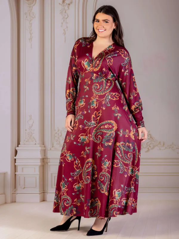 Plus Size Wine Paisley Print Bishop Sleeve A Line Maxi Dress sold by 24/7 Comfort Apparel
