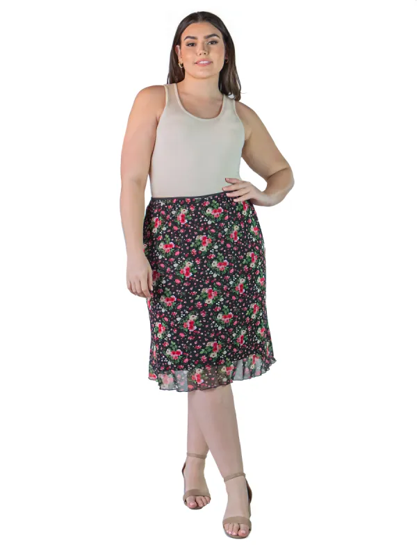 Plus Size Black Floral Sheer Overlay Elastic Waist Knee Length Skirt sold by 24/7 Comfort Apparel