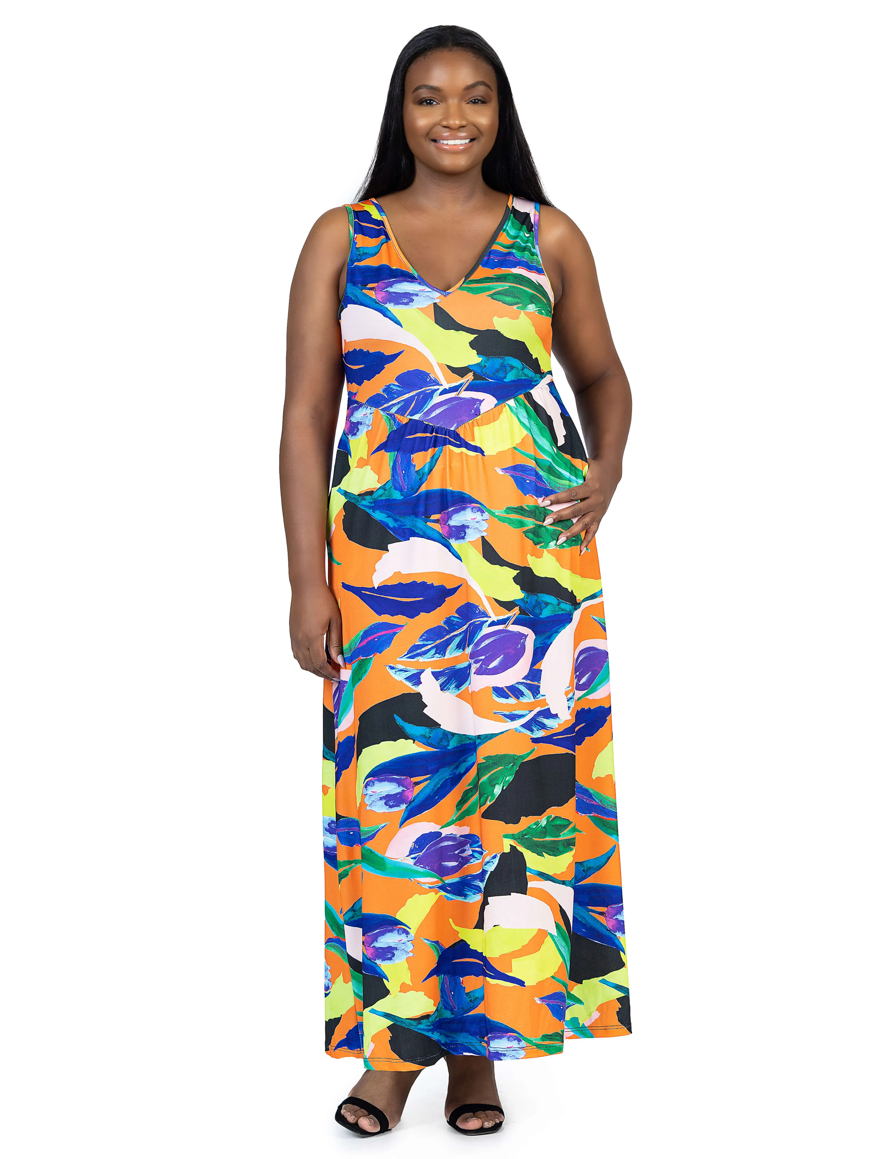 Multicolor Floral Sleeveless V Neck Plus Size Maxi Dress With Pockets sold by 24/7 Comfort Apparel